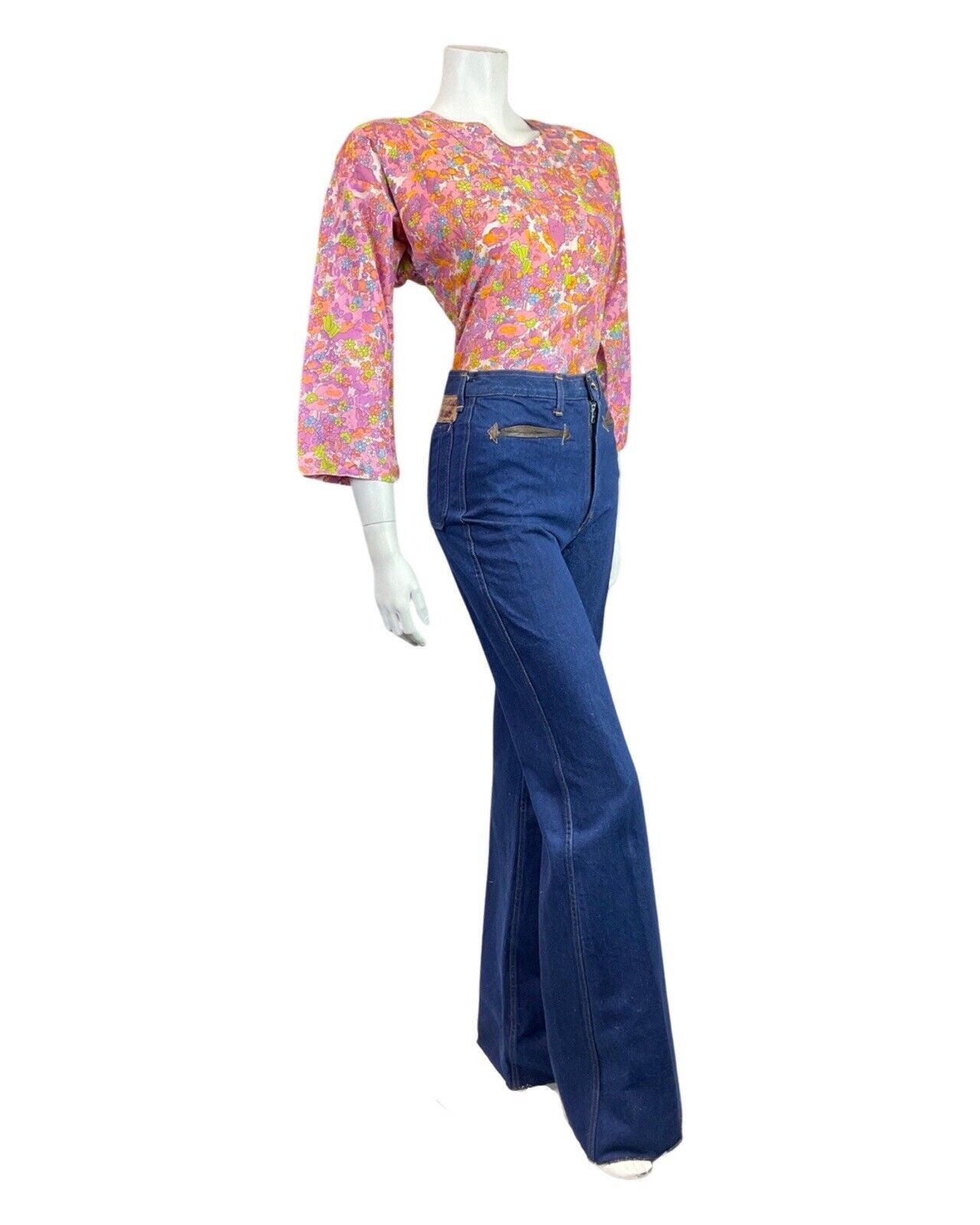 VINTAGE 60s 70s PINK PURPLE GREEN DITSY FLOWER PSYCHEDELIC BLOUSE TOP 14