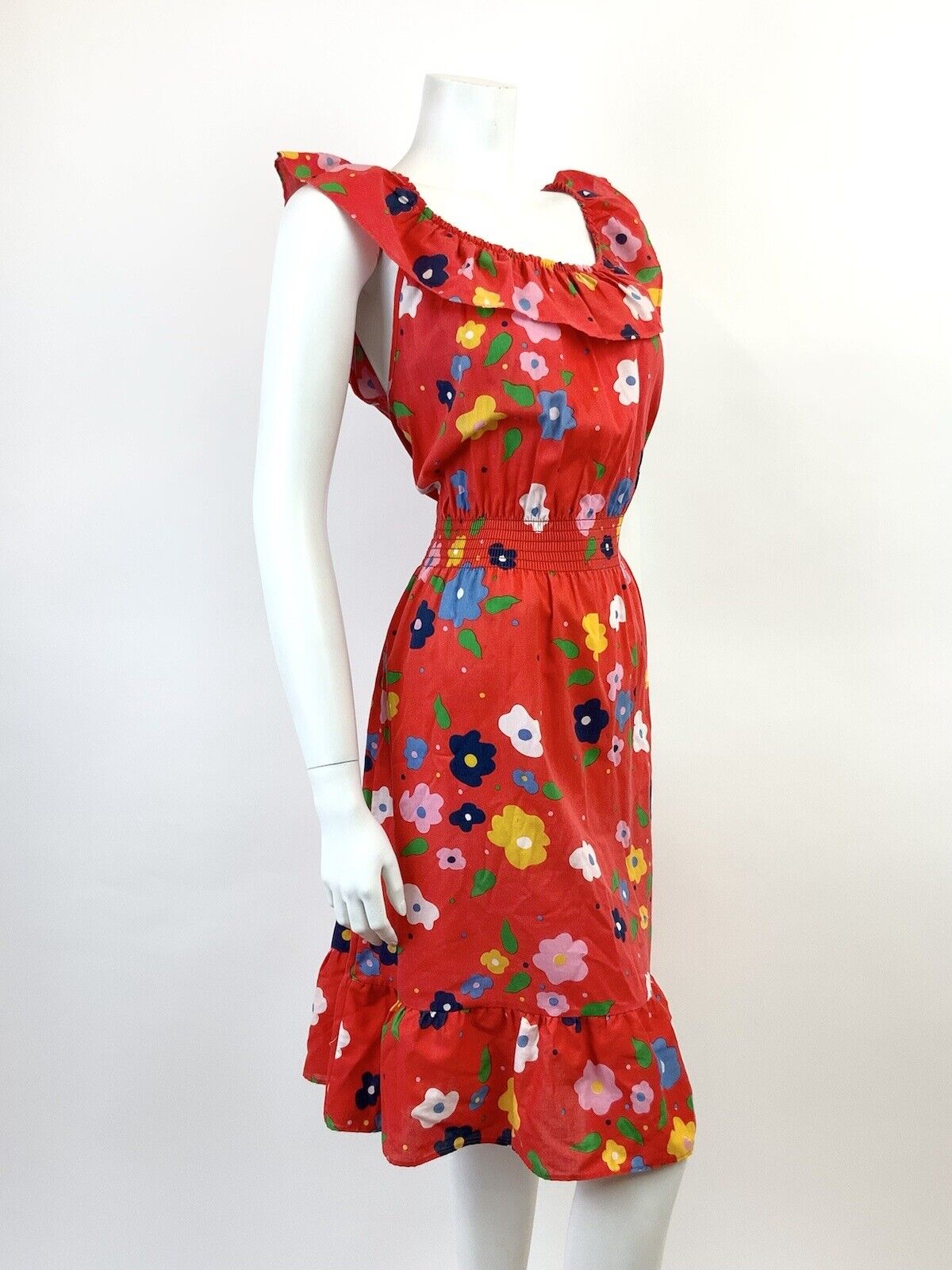 VTG 60s 70s RED BLUE GREEN WHITE FLORAL DAISY MOD SLEEVELESS SUMMER DRESS 12 14