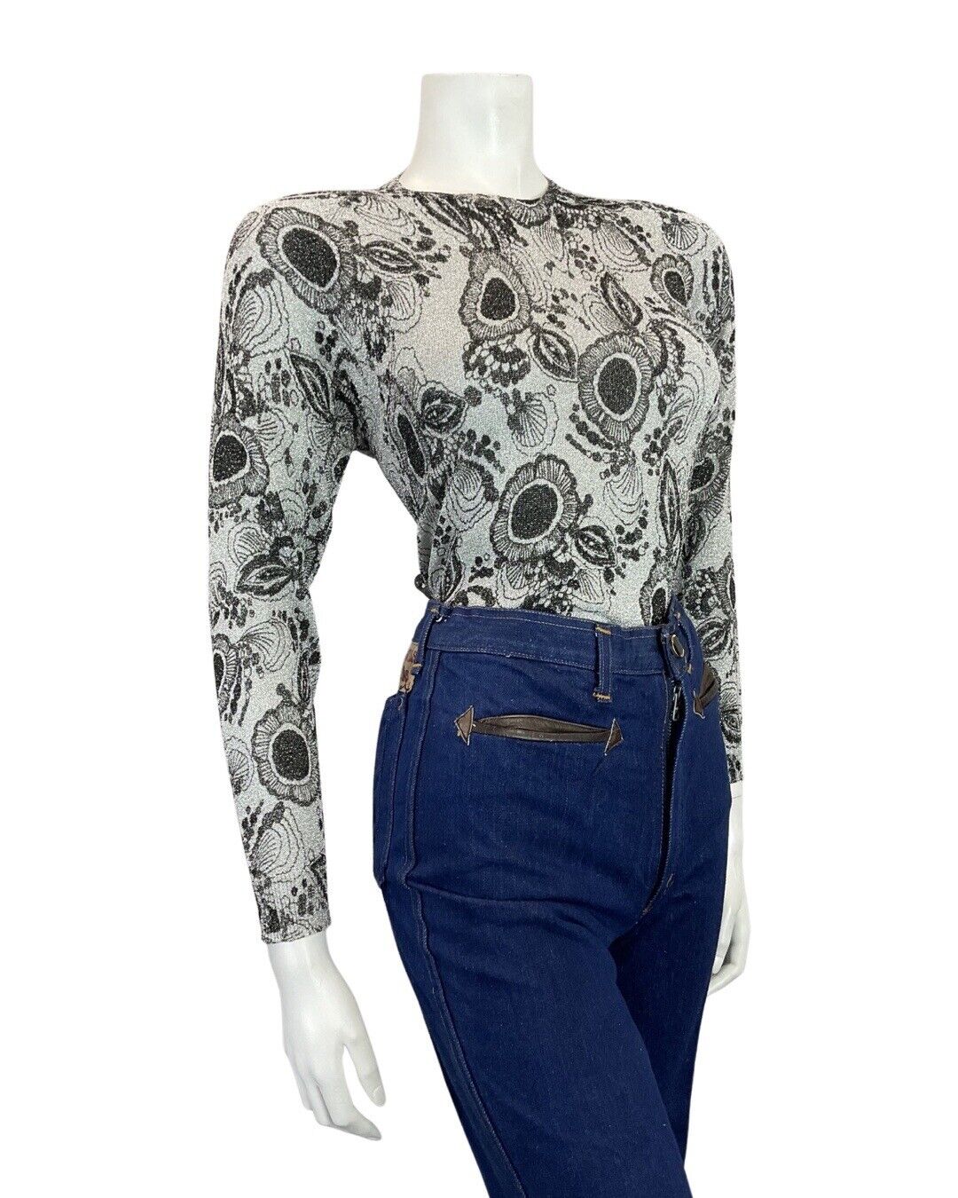 VINTAGE 60s 70s SILVER BLACK PSYCHEDELIC FLORAL MOD KNIT JUMPER TOP 10 12