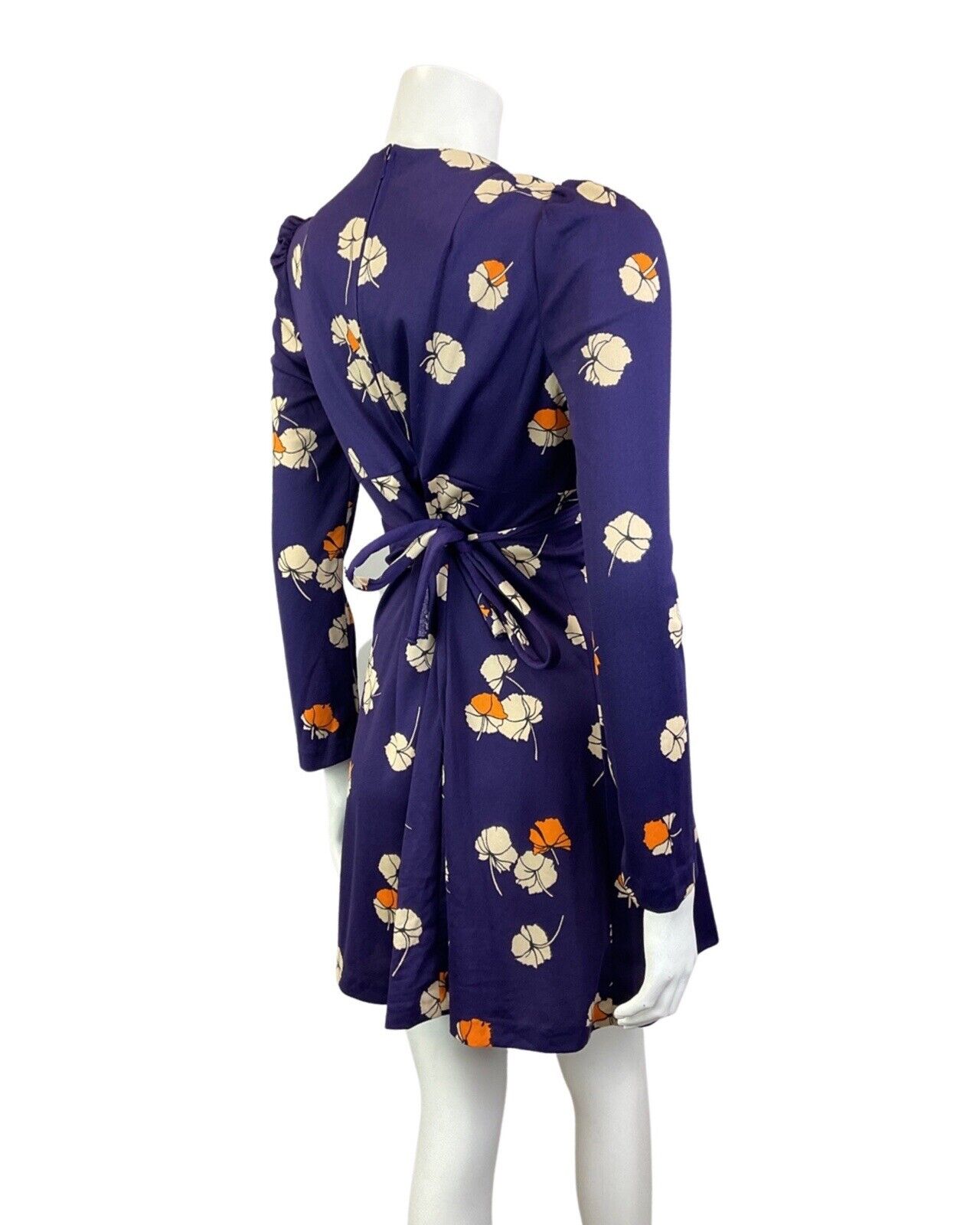 VINTAGE 60s 70s PURPLE BEIGE ORANGE FLORAL LONGSLEEVE MOD SUMMER SWING DRESS 12