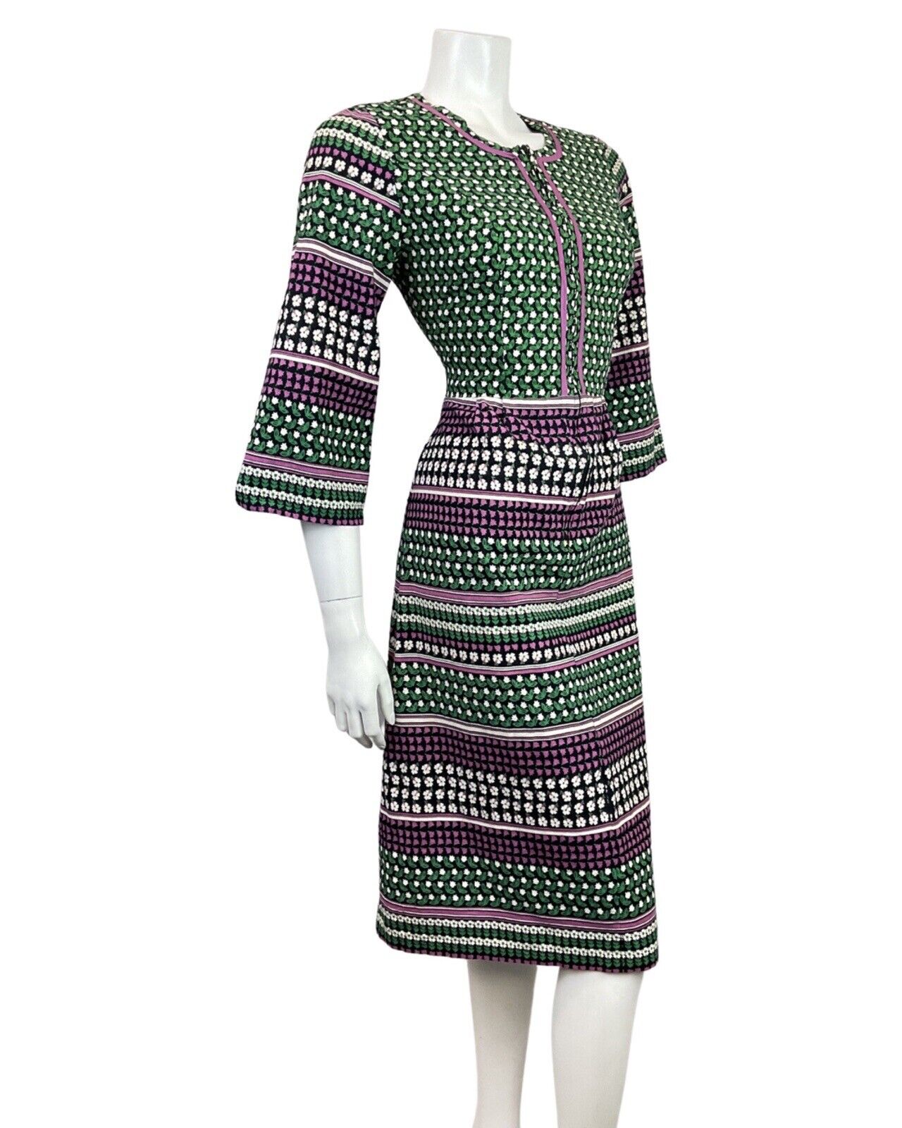 VINTAGE 60s 70s BLACK GREEN PURPLE DAISY FLORAL BELL SLEEVE MOD DRESS 10