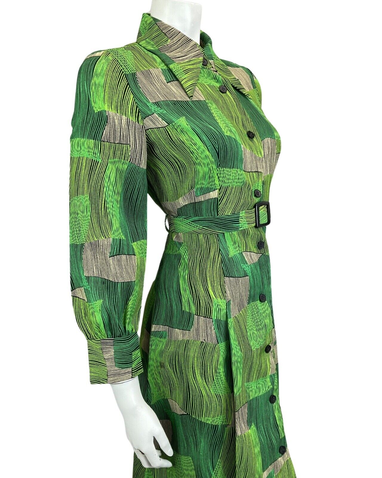 VINTAGE 60s 70s GREEN ABSTRACT PRINT DAGGER COLLAR MIDI MOD BOHO DRESS 12