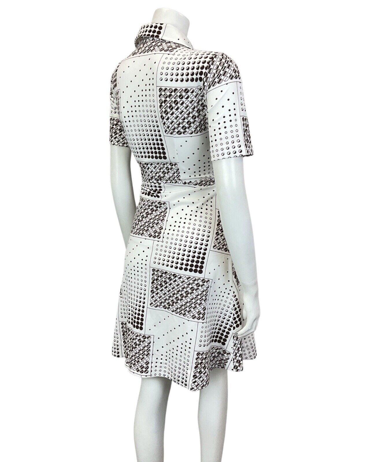 VINTAGE 60s 70s WHITE BROWN DOTTY CIRCLE GEOMETRIC MOD DAGGER SHIRT DRESS 10 12