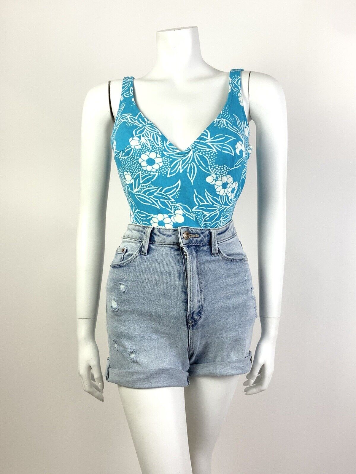 VTG 60s 70s BLUE WHITE FLORAL LEAFY MOD LOW-RISE SWIM BODY SUIT 9 10