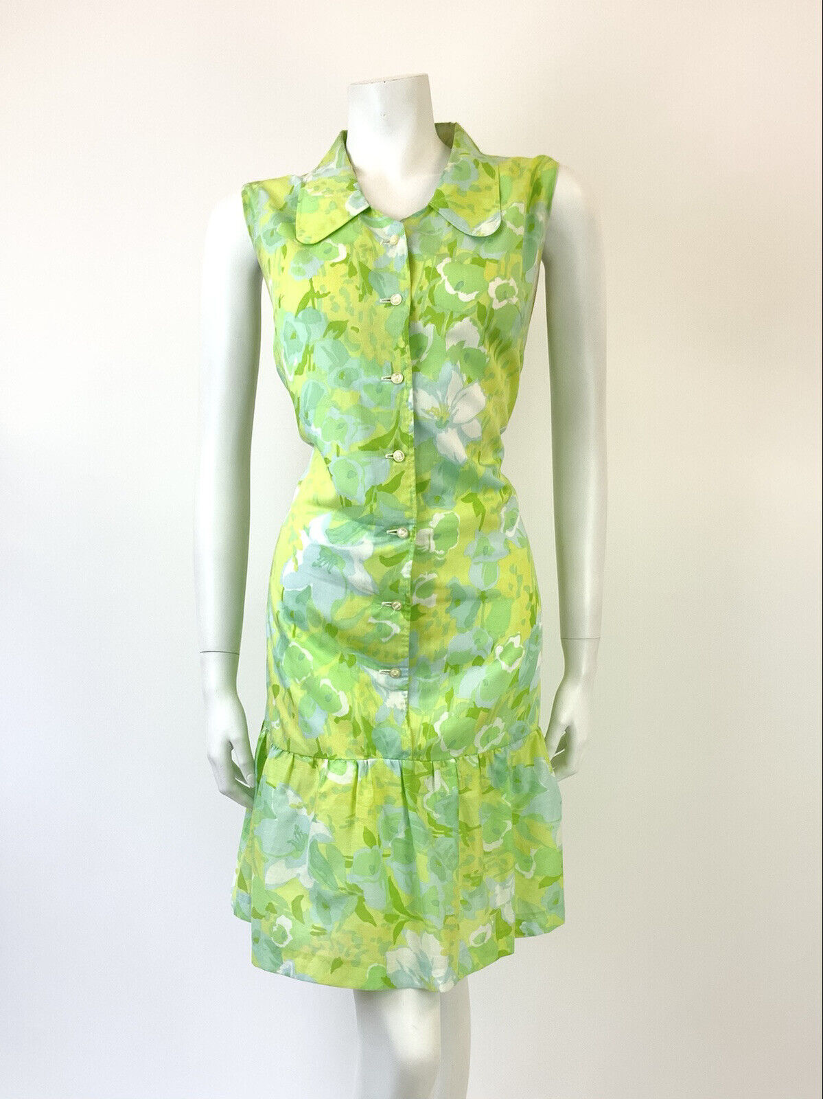 VTG 60s 70s GREEN BLUE YELLOW PSYCHEDELIC FLORAL SPOON COLLAR MOD DRESS 14 16
