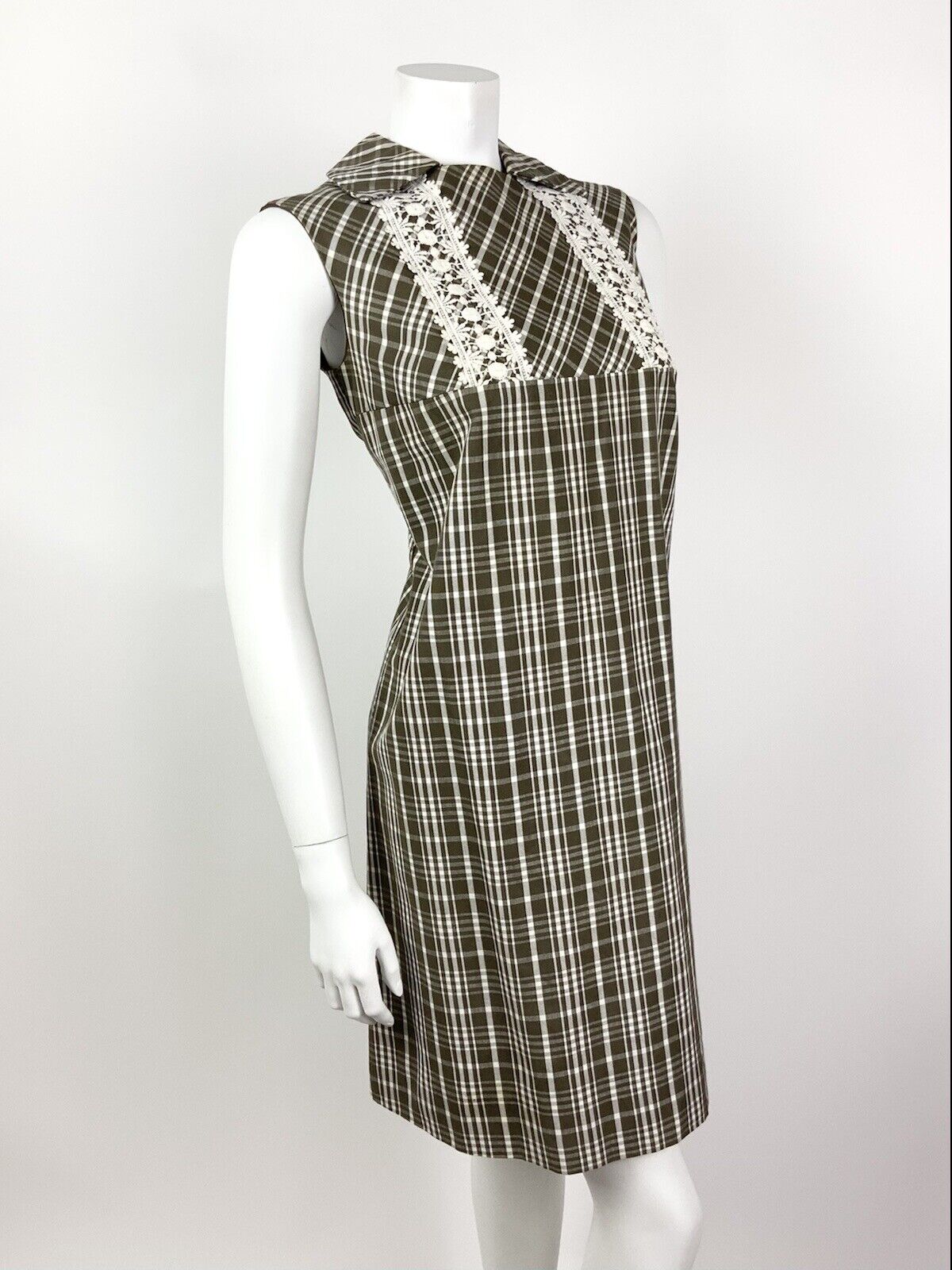 VINTAGE 60s 70s BROWN WHITE PLAID CHECKED LACE MOD SHIFT DRESS 12 14