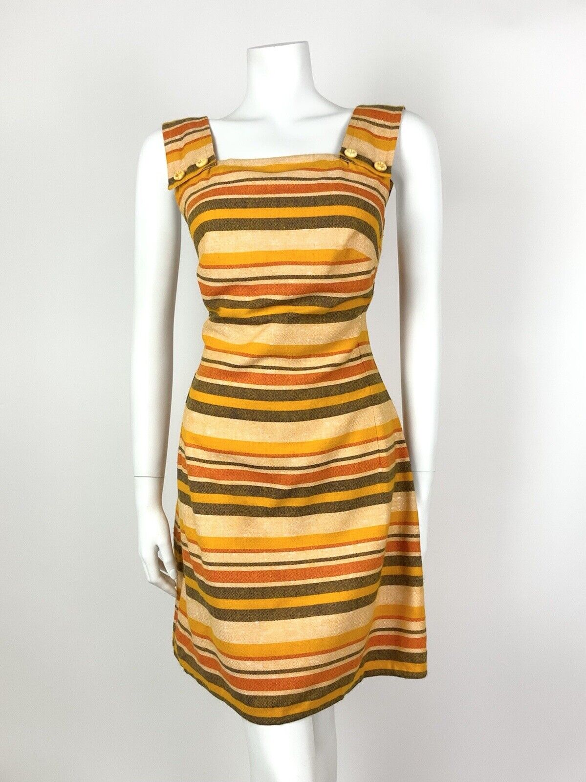 VINTAGE 60s 70s YELLOW ORANGE RED BLACK STRIPED MOD STRAPPY PINNY DRESS 10