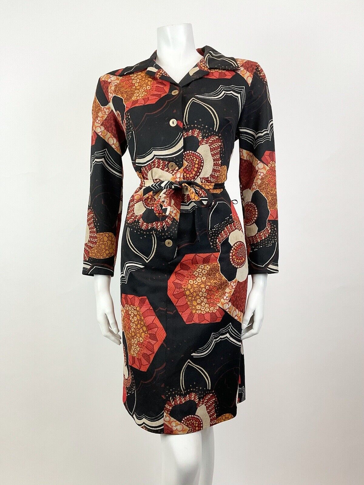VINTAGE 60s 70s BLACK RED ORANGE FOLK FLORAL LEAFY DAGGER MOD SHIRT DRESS 16