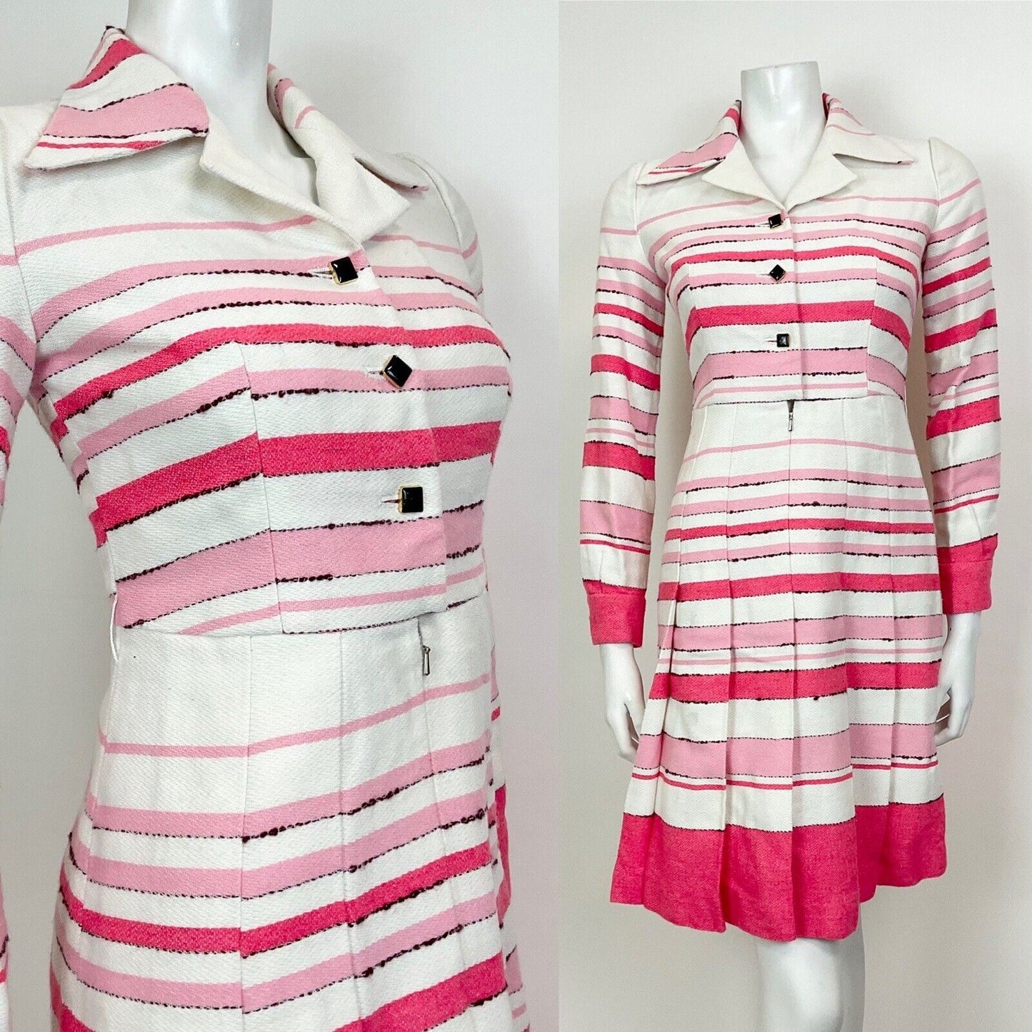 VINTAGE 60s 70s WHITE PINK ROSE STRIPED PLEATED MOD DAGGER SHIRT DRESS 8 10