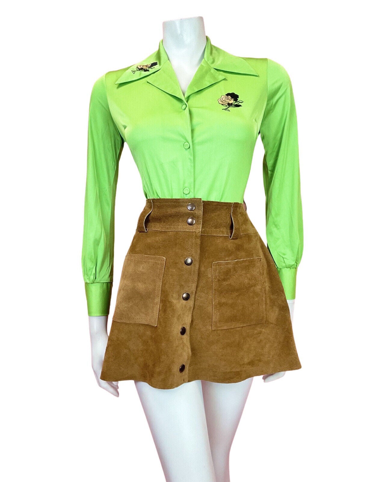 VINTAGE 70s 90s LIME GREEN BLACK EMBROIDERED ROSE MOD DAGGER SHIRT 8 10