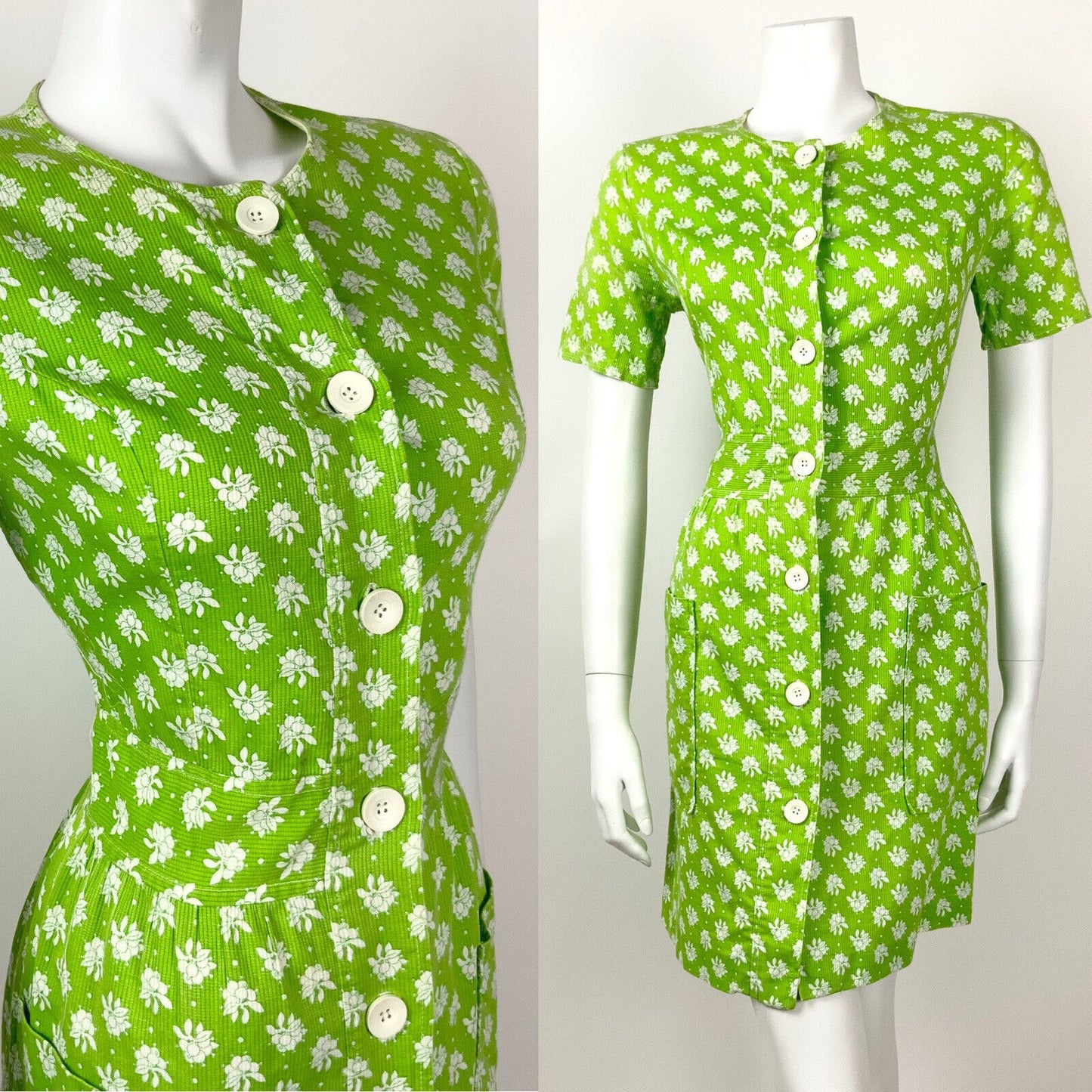 VINTAGE 60s 70s LIME GREEN WHITE FLORAL DOTTY MOD COTTON DRESS 10 12