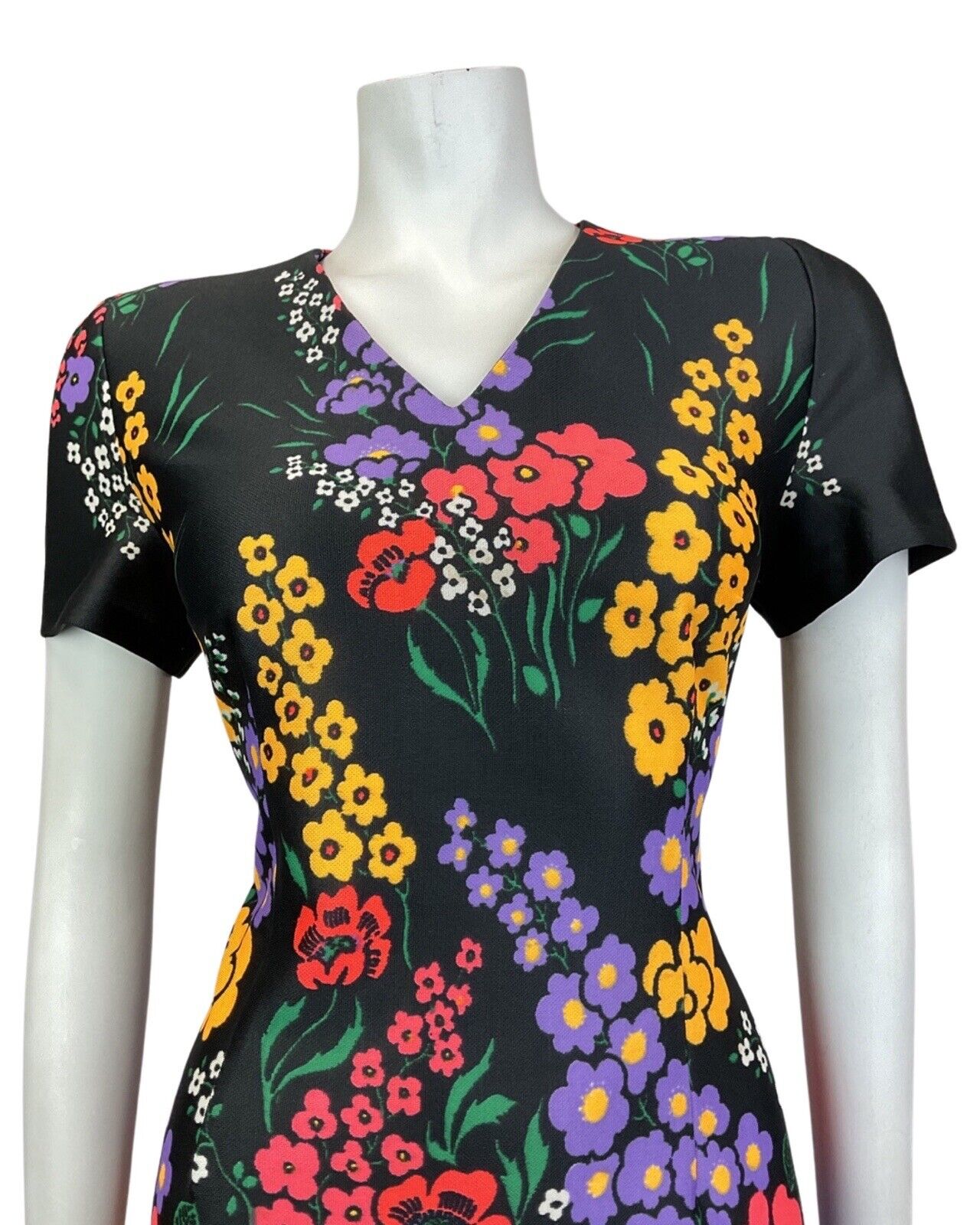 VINTAGE 60s 70s BLACK YELLOW LILAC FLORAL POPPY MOD SHORT SLEEVE DRESS 12 14