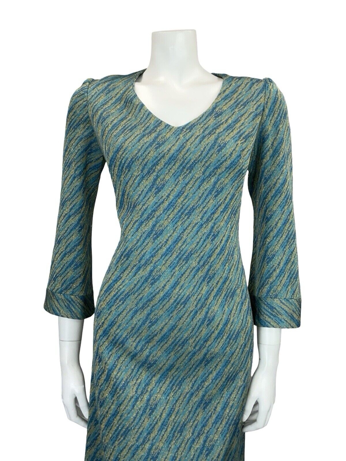 VTG 60S 70S MOD GOGO BLUE TEAL GOLD BELL SLEEVE V NECK PARTY MINI DRESS S 8 10