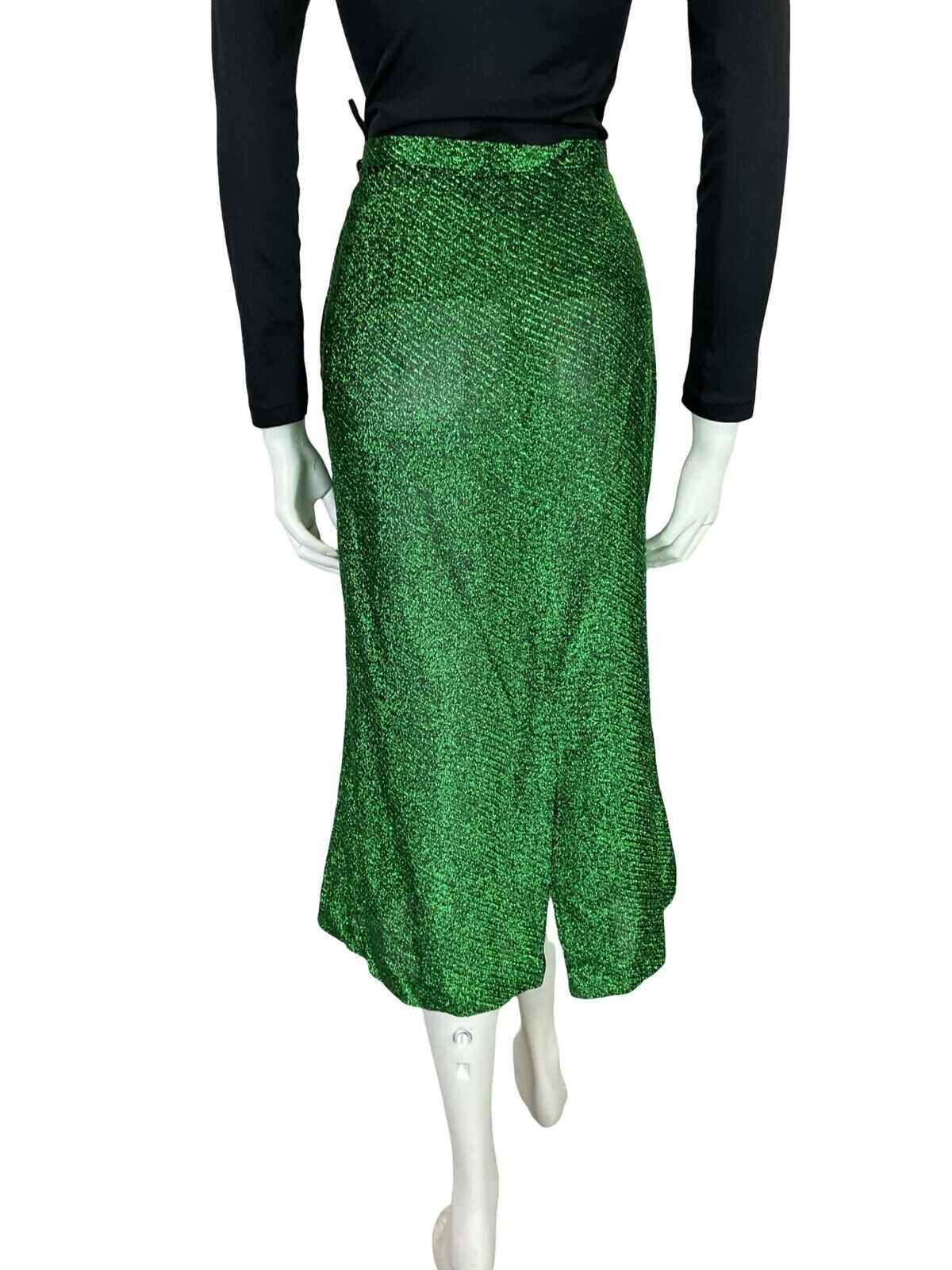 VTG 70S EMERALD GREEN GLITTERY LUREX MIDI SKIRT WITH SLIT SIZE 14