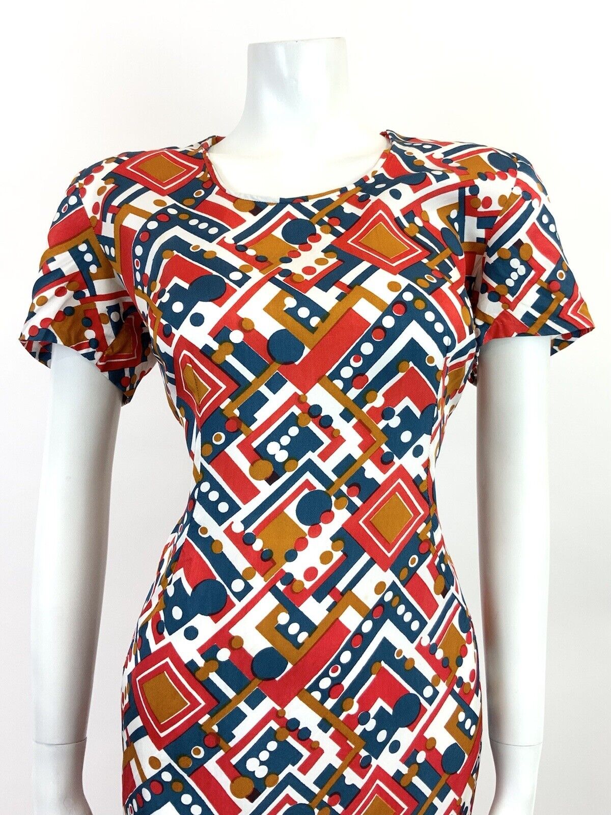 VINTAGE 60s 70s WHITE BLUE RED BRONZE GEOMETRIC DOTTY MOD DRESS 12 14