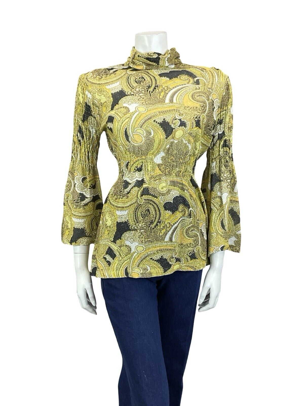 VTG 60S GOLD BLACK WHITE LUREX GLITTERY FLARE SLEEVE RUCHED COLLAR BLOUSE 8