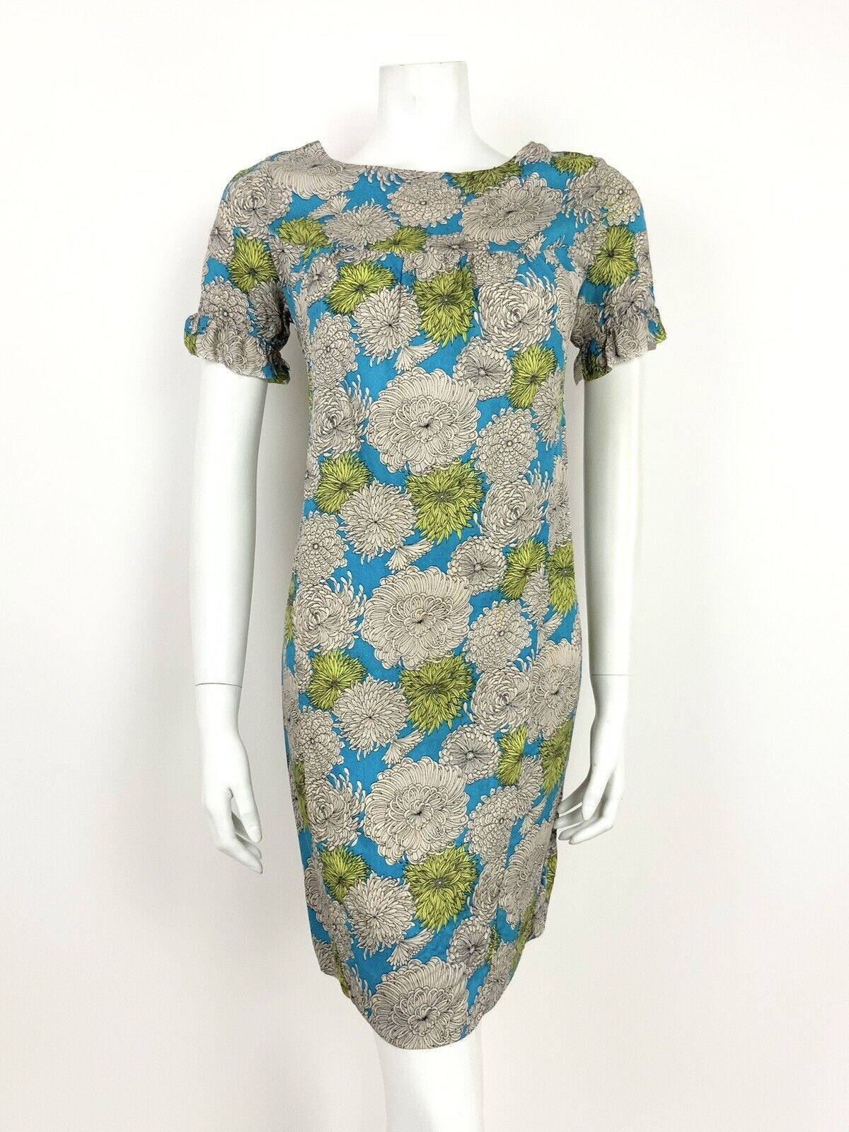 VTG 60s 70s BLUE LIME GREEN CHRYSANTHEMUM FLORAL PSYCHEDELIC SHIFT DRESS 10 12