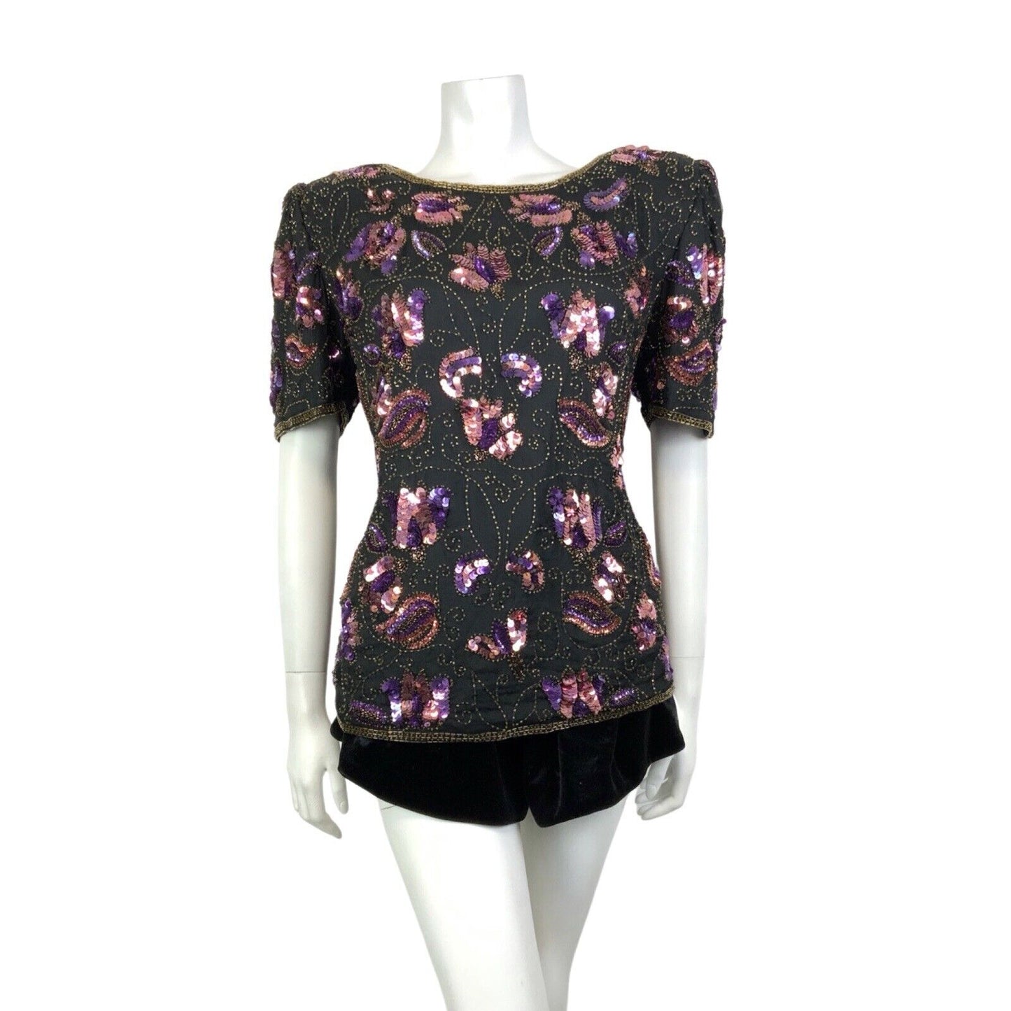VINTAGE 70s BLACK PURPLE GOLD FLORAL SWIRL SEQUIN DISCO GLAM PARTY TOP 14 16