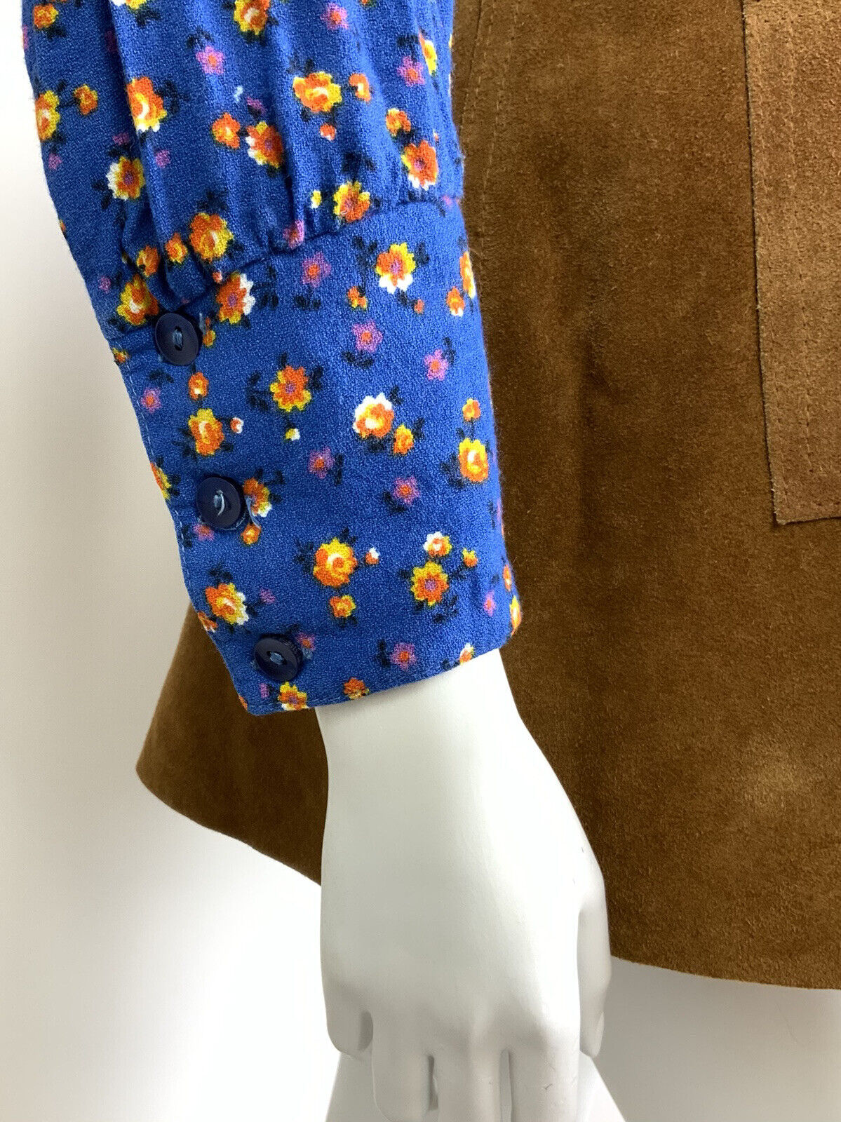 VTG 60s 70s BLUE ORANGE FLORAL DITSY DOG EAR BEAGLE COLLAR MOD SHIRT BLOUSE 8 10