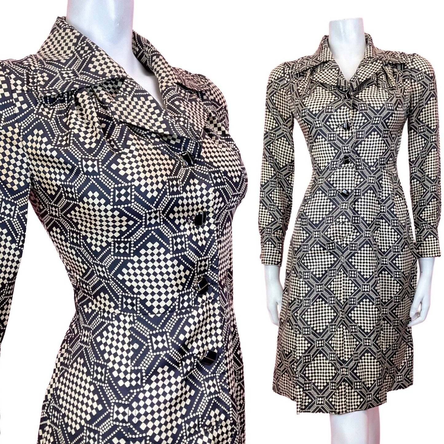 VINTAGE 60s 70s CREAM BLACK GEOMETRIC CHECKERBOARD MOD DAGGER SHIRT DRESS 8 10