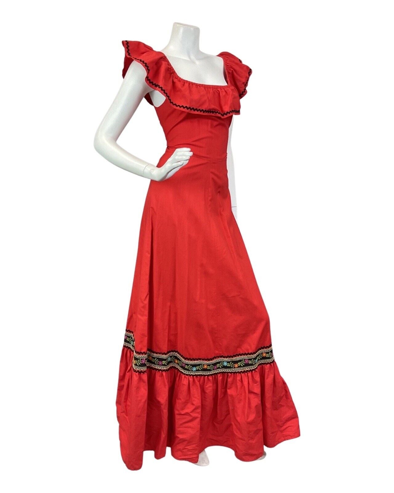 VINTAGE 60s 70s RED BLACK RIC-RAC FLORAL BARDOT RUFFLE BOHO FOLK MAXI DRESS 8
