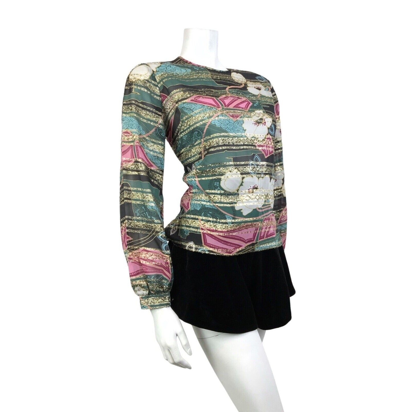 VINTAGE 60s 70s GREEN BLACK PINK GOLD PSYCHEDELIC FLORAL STRIPED SHEER TOP 12 14
