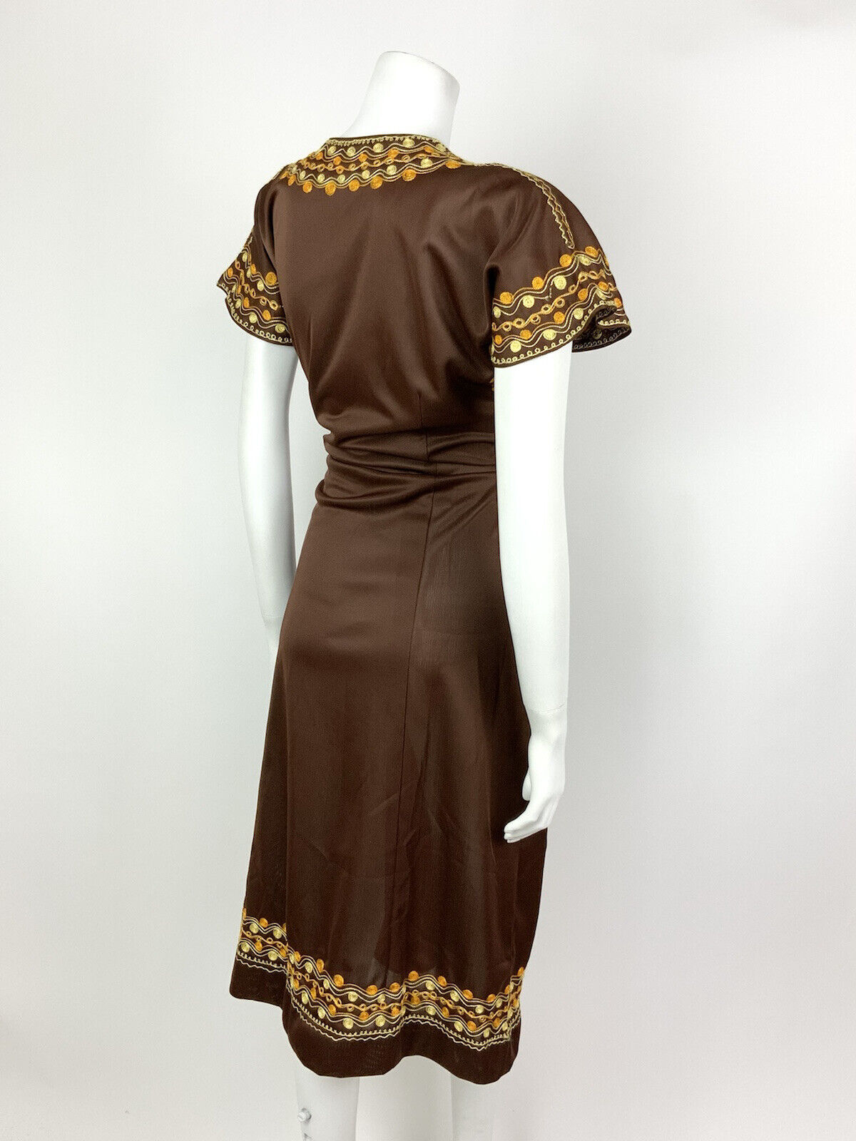 VTG 60s 70s BROWN YELLOW ORANGE EMBROIDERY KAFTAN SWIRL BOHO FOLK DRESS 12 14