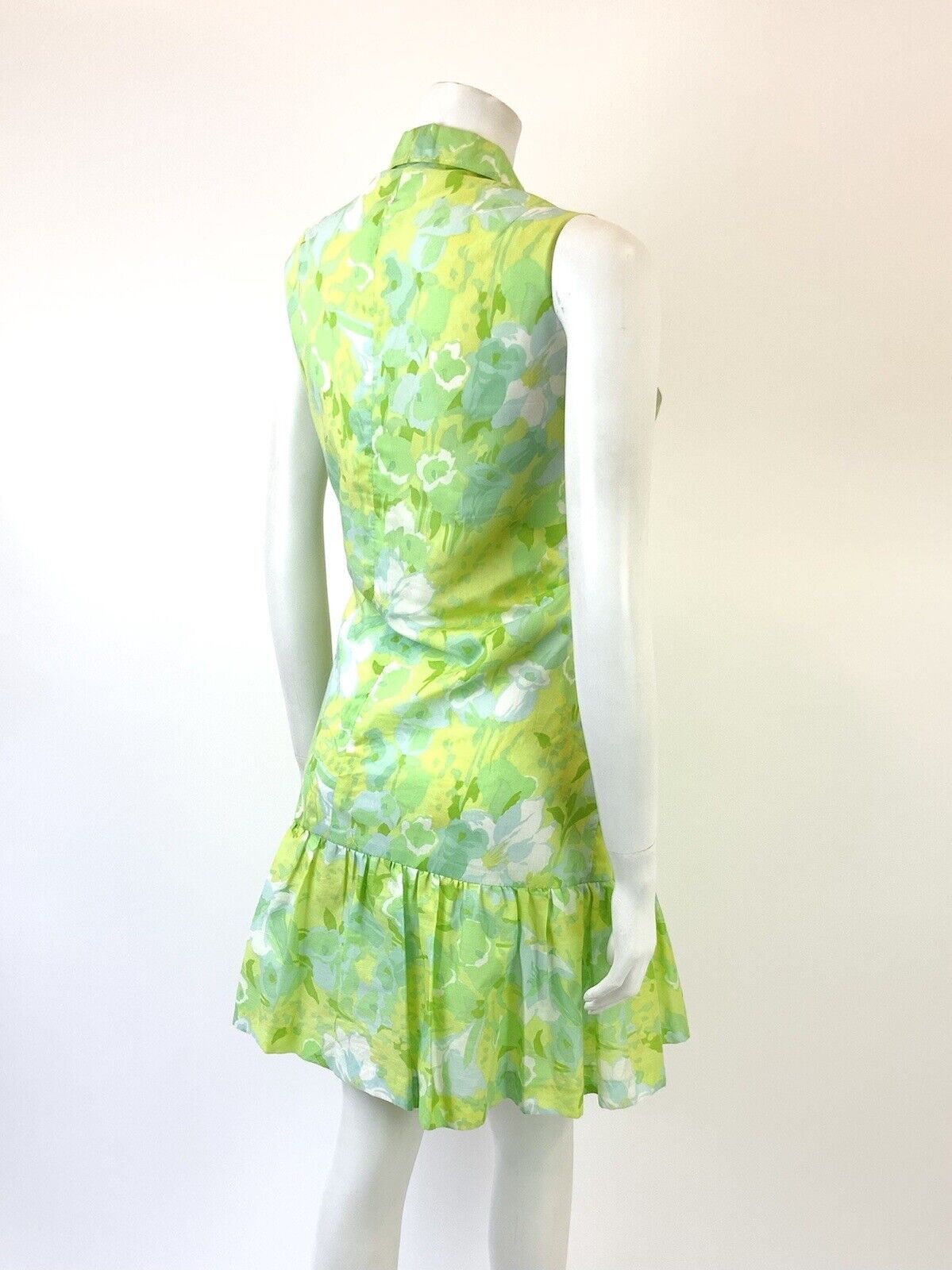 VTG 60s 70s GREEN BLUE YELLOW PSYCHEDELIC FLORAL SPOON COLLAR MOD DRESS 14 16