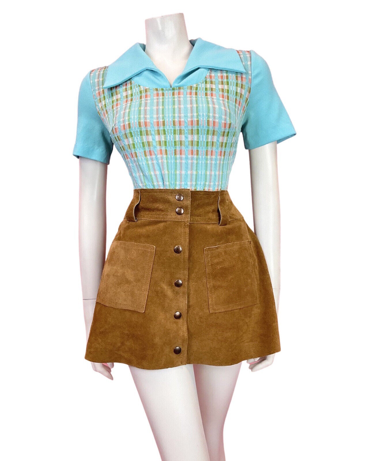VINTAGE 60s 70s LIGHT BLUE GREEN ORANGE CHECKED MOD WING COLLAR SHIRT TOP 12 14