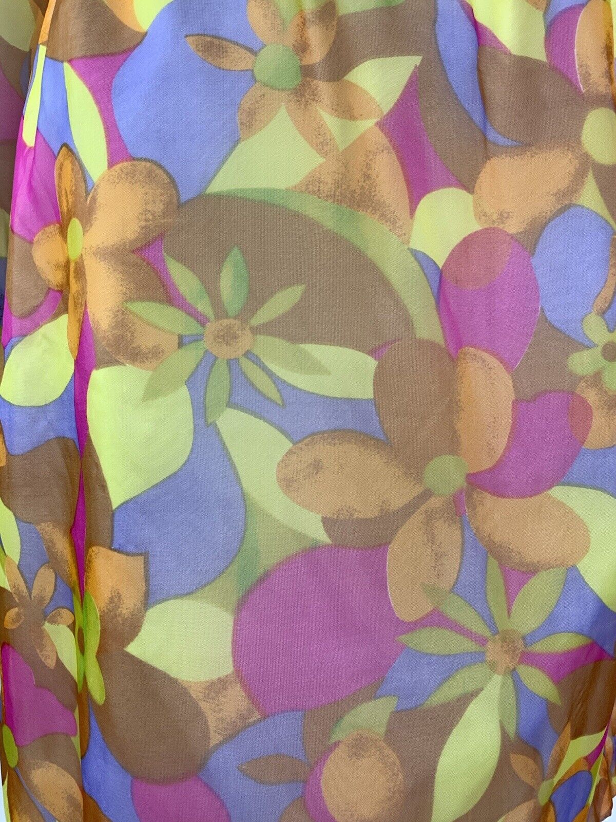 VINTAGE 60s 70s YELLOW PINK PURPLE PSYCHEDELIC FLORAL SHEER MOD DRESS 12 14