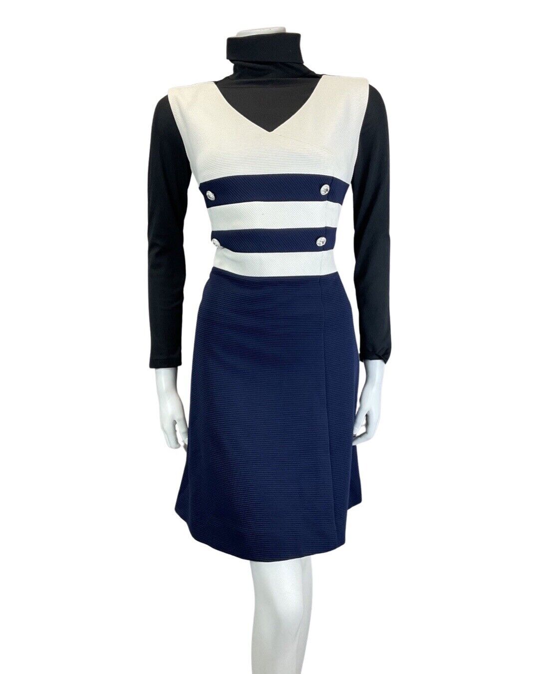 VINTAGE 60s 70s NAVY BLUE WHITE STRIPED NAUTICAL MOD SLEEVELESS DRESS 12 14