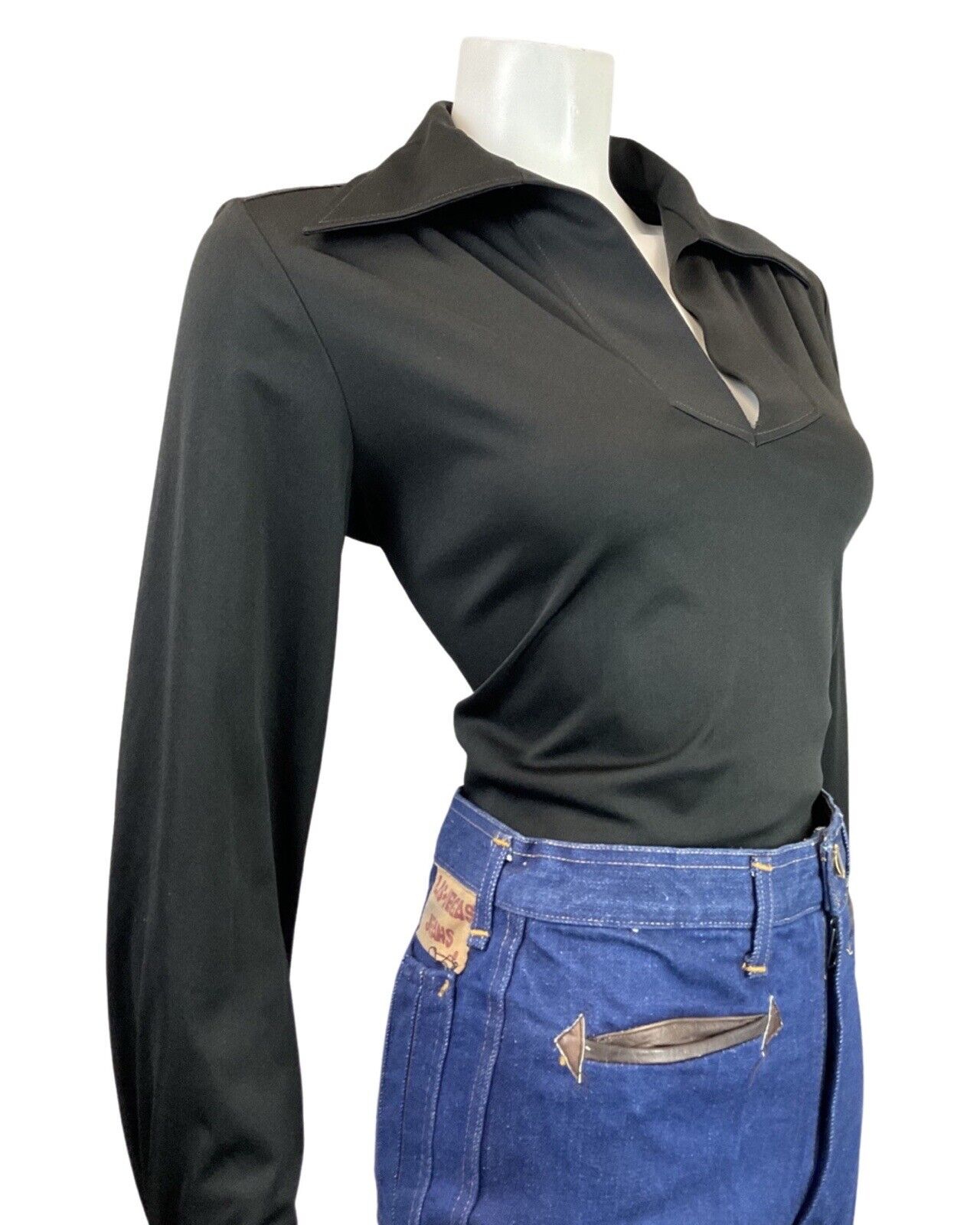 VINTAGE 60s 70s JET BLACK DAGGER COLLAR BLOUSE TOP 14 16