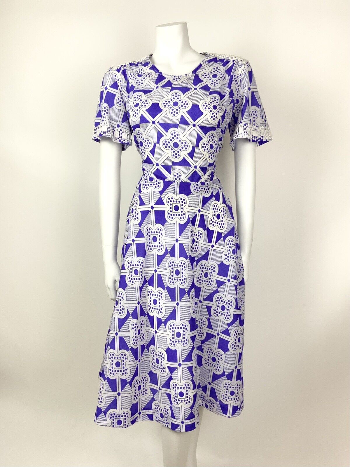 VINTAGE 60s 70s PURPLE WHITE LACE GEOMETRIC CHECKED MOD SWING DRESS 10 12
