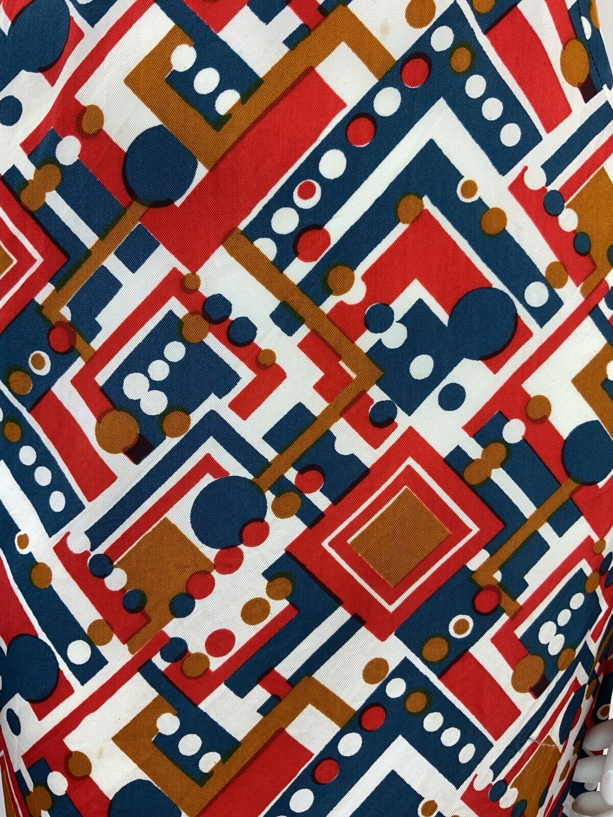 VINTAGE 60s 70s WHITE BLUE RED BRONZE GEOMETRIC DOTTY MOD DRESS 12 14