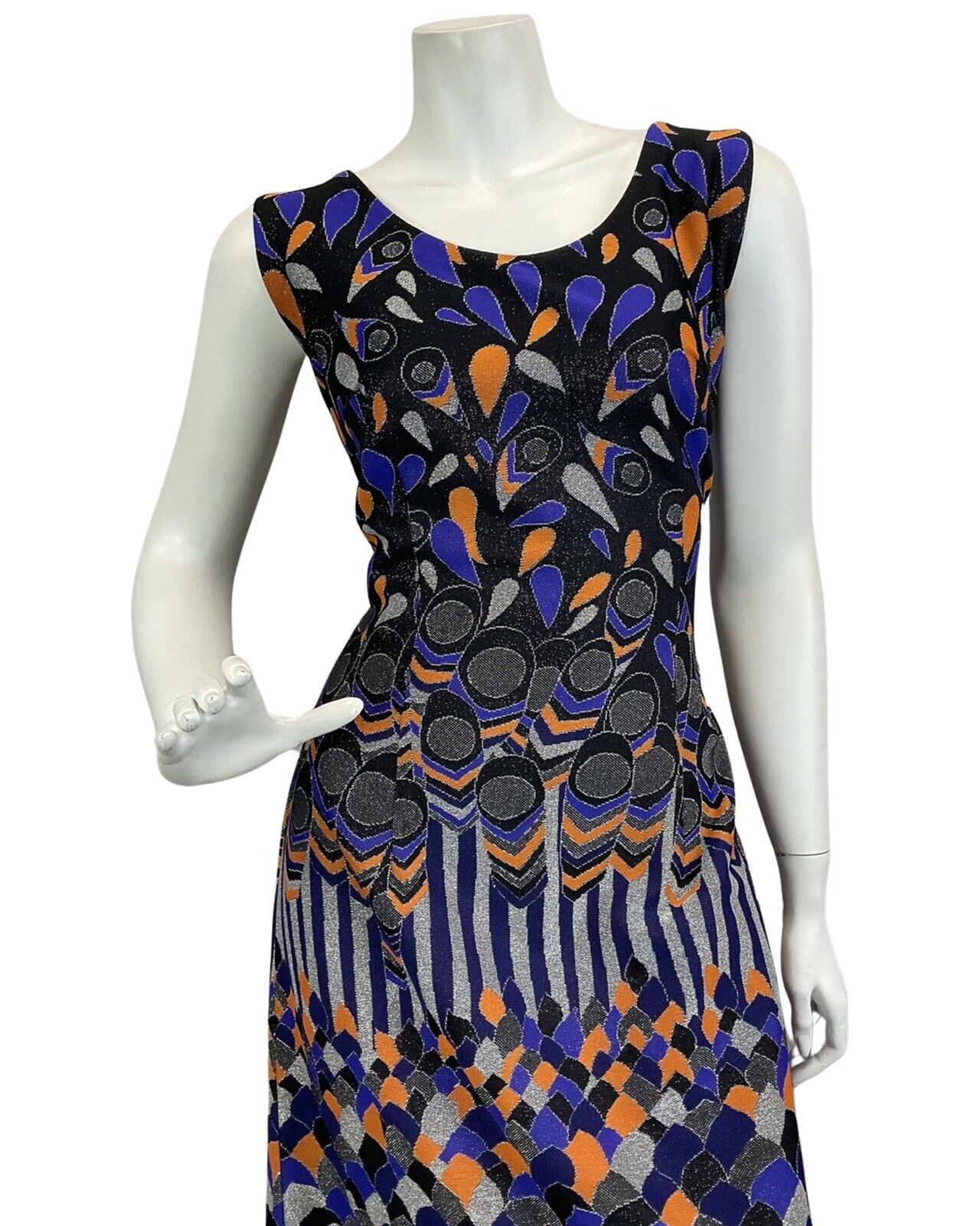 VINTAGE 60s 70s BLACK PURPLE ORANGE SILVER ABSTRACT DISCO PARTY MAXI DRESS 12