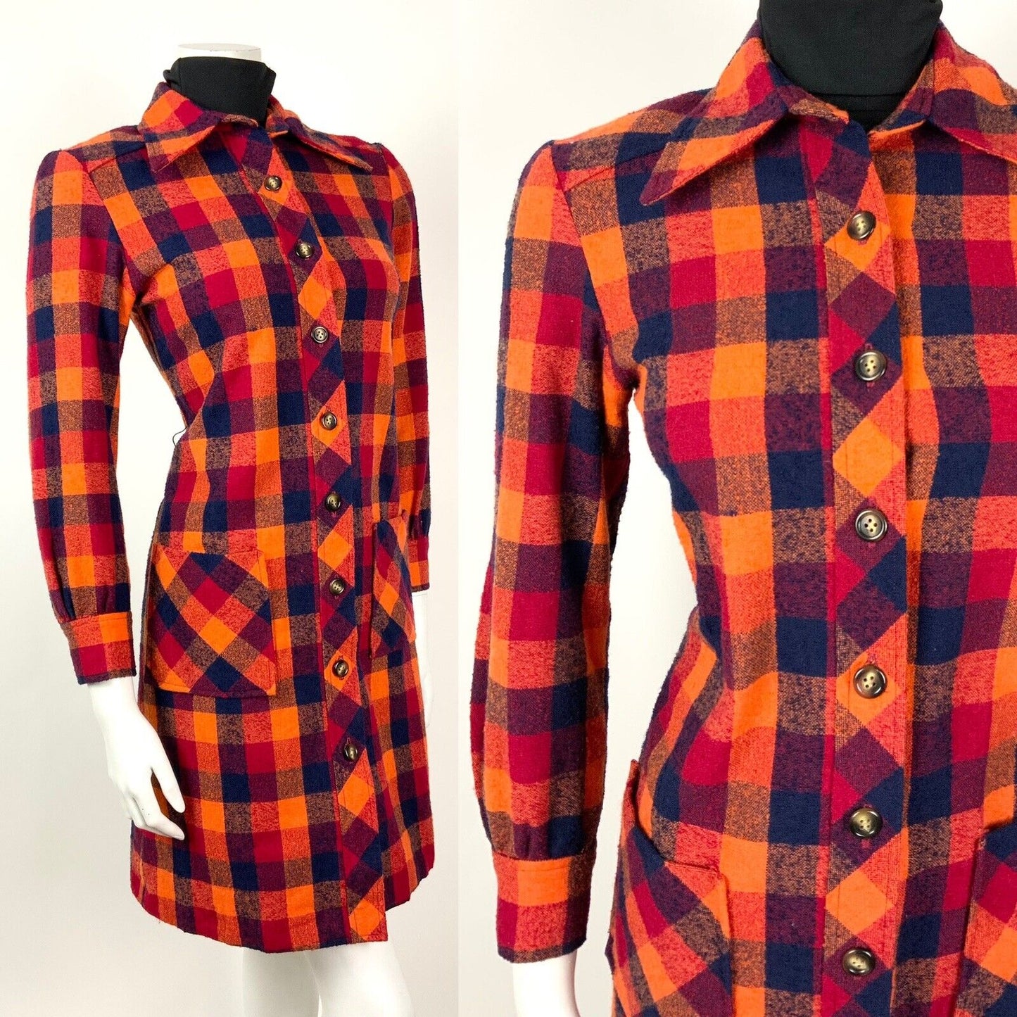 VINTAGE ORANGE RED BLUE CHECKED DAGGER COLLAR MOD WOOL COAT 8 10