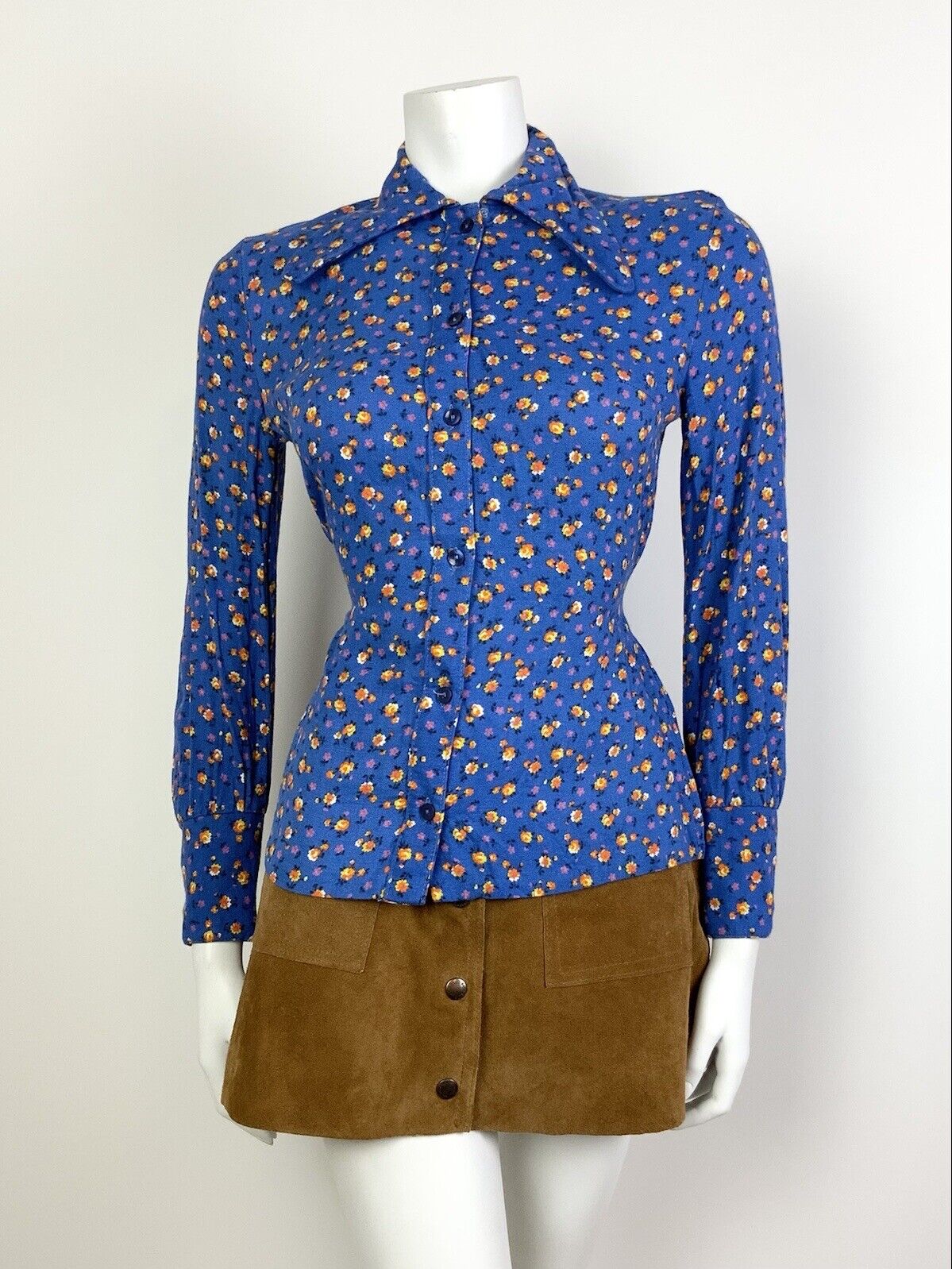 VTG 60s 70s BLUE ORANGE FLORAL DITSY DOG EAR BEAGLE COLLAR MOD SHIRT BLOUSE 8 10