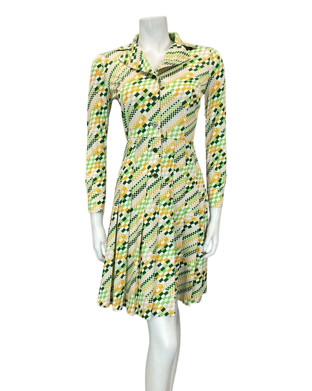 VINTAGE 60s 70s GREEN WHITE YELLOW PIXEL GEOMETRIC MOD DAGGER SHIRT DRESS 8