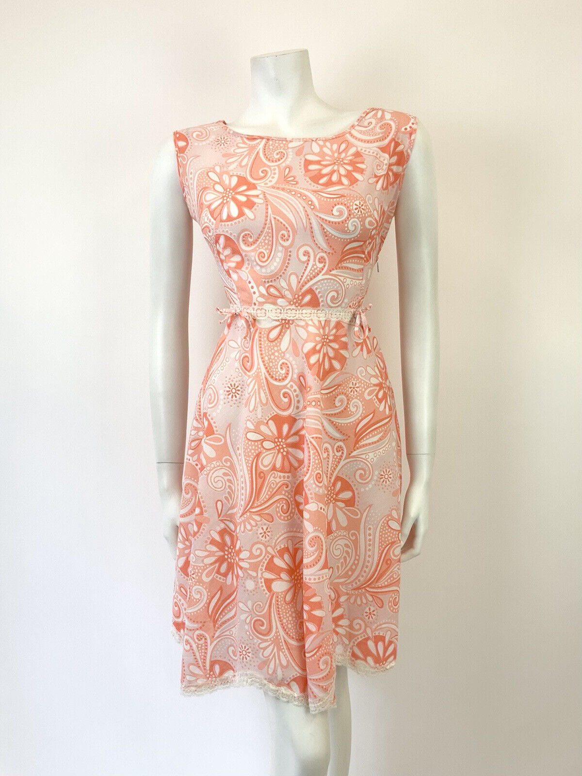 VTG 60s 70s PINK ORANGE WHITE PSYCHEDELIC FLORAL PAISLEY LACE MOD DRESS 10 12