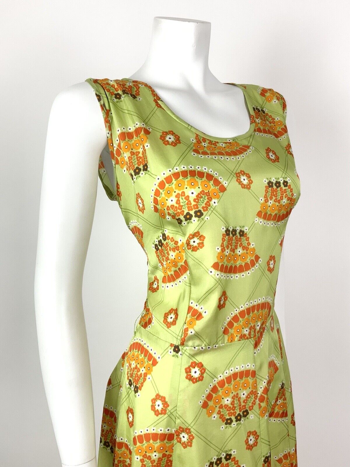 VINTAGE 60s 70s LIME GREEN ORANGE BROWN CHECKED FLORAL FAN MOD DRESS 12 14