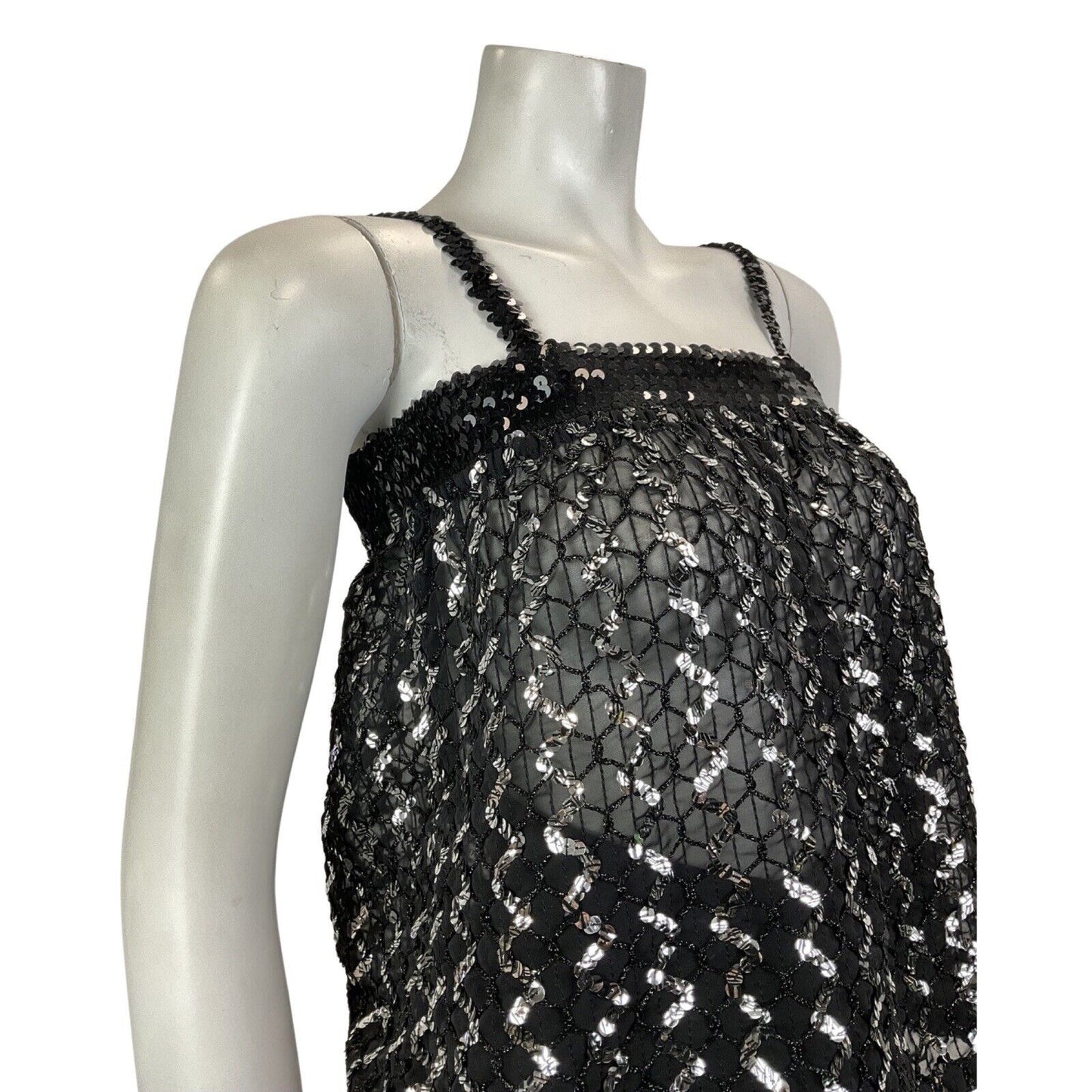 VINTAGE 70s 80s BLACK SILVER ZIG-ZAG SEQUIN STRAPPY DISCO STUDIO 54 TOP 8 10