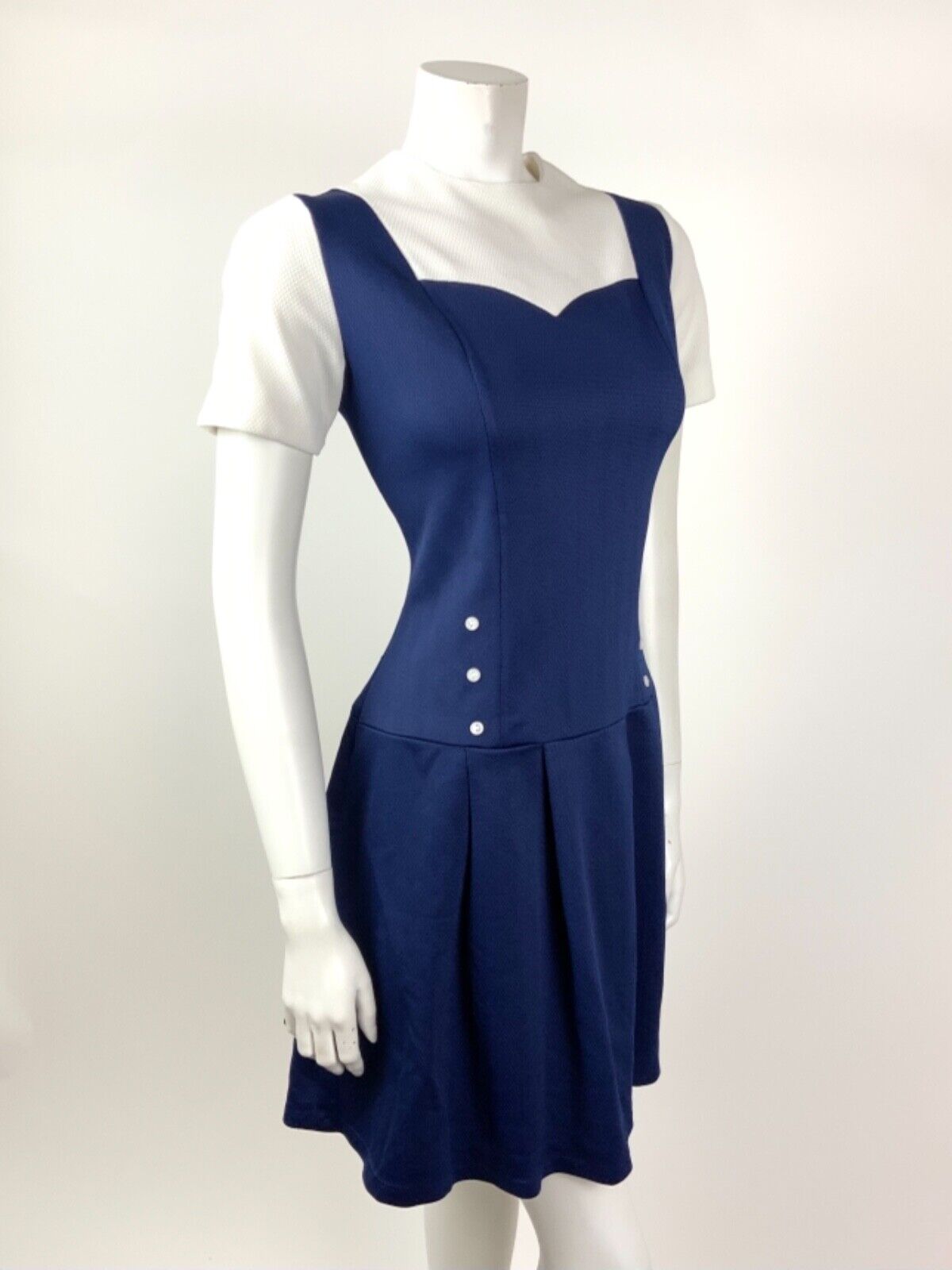 VINTAGE 60s 70s NAVY BLUE WHITE NAUTICAL SWEETHEART MOD DRESS 12