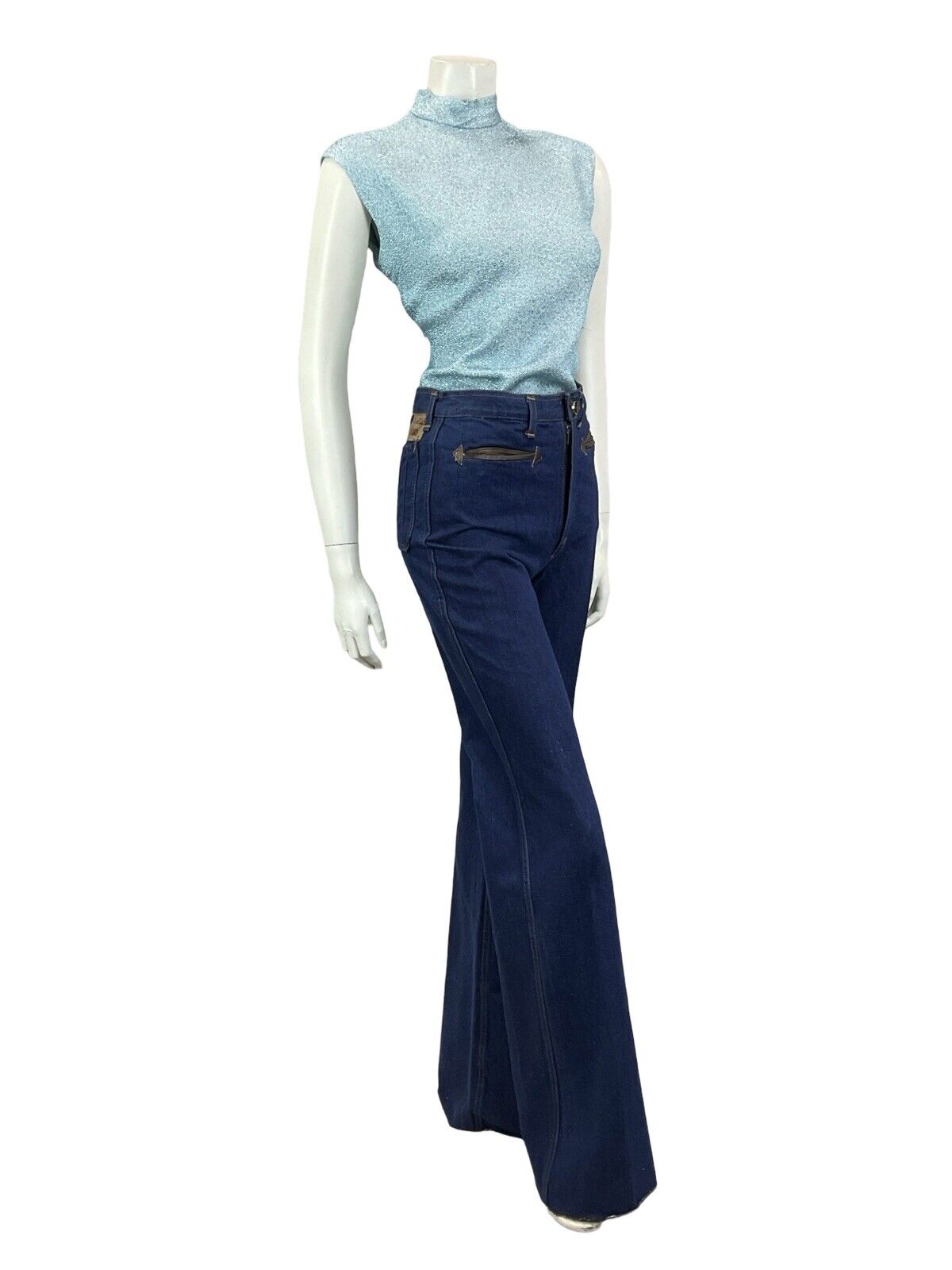 VTG 60S POWDER BLUE MOD GOGO LUREX SLEEVELESS FUNNEL NECK SHIFT PARTY TOP 10
