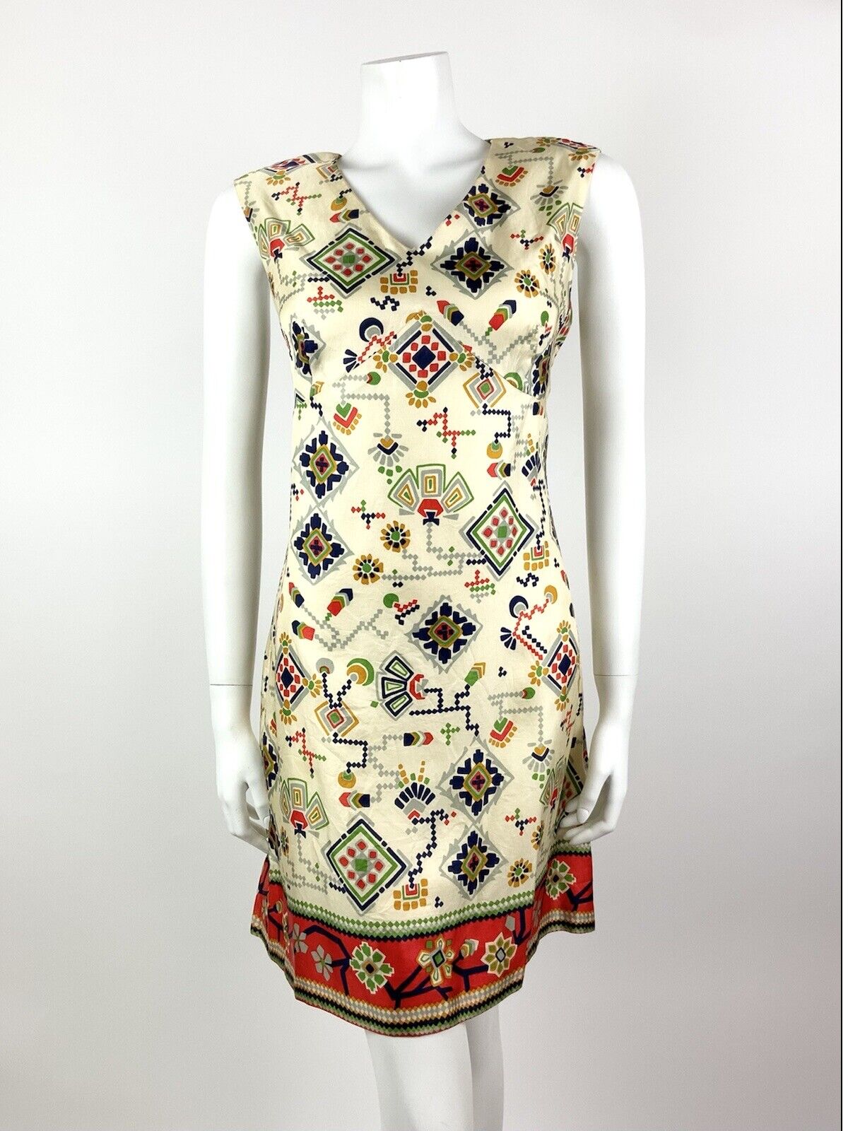 VINTAGE 60s 70s CREAM BLUE RED GREEN AZTEC FLORAL GEOMETRIC MOD DRESS 12 14