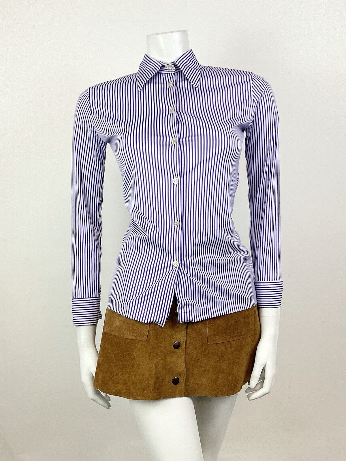 VINTAGE 60s 70s PURPLE WHITE STRIPED MOD DAGGER SHIRT BLOUSE 8