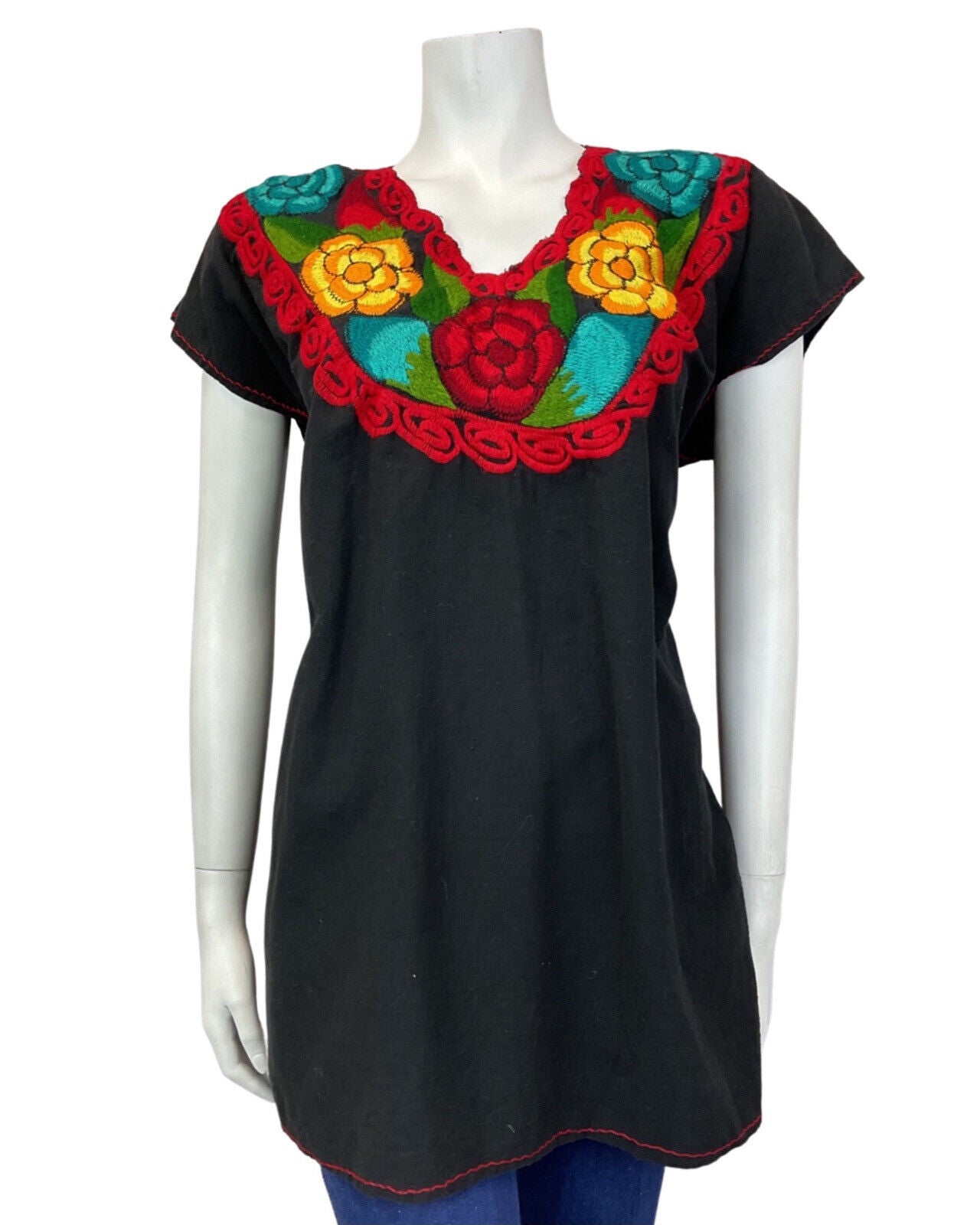 VINTAGE 60s 70s BLACK RED YELLOW FLORAL EMBROIDERED BOHO FOLK BLOUSE 16 18