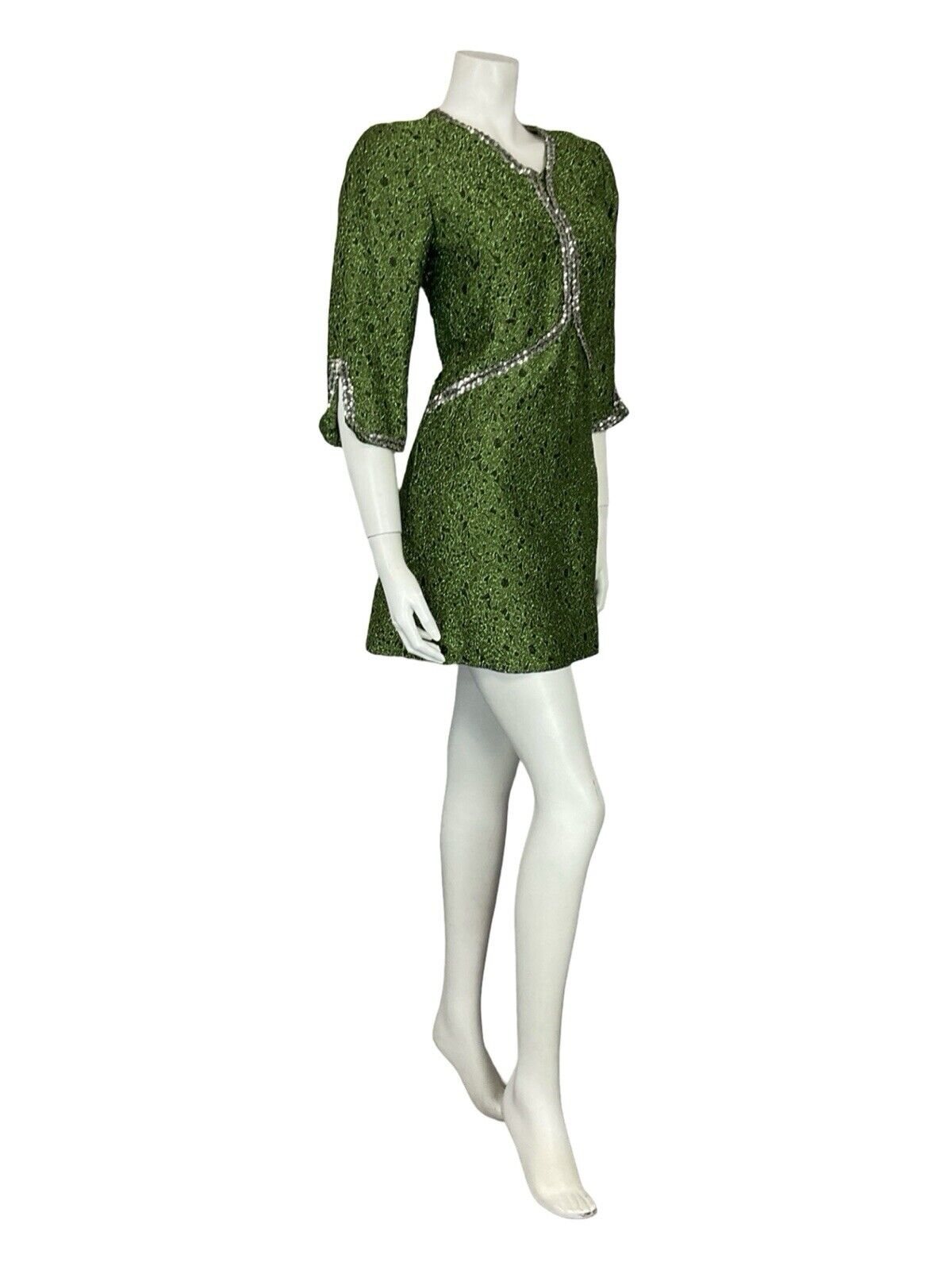 VTG 60S V NECK HALF SLEEVE GREEN SILVER SEQUIN LUREX PARTY MINI DRESS 10