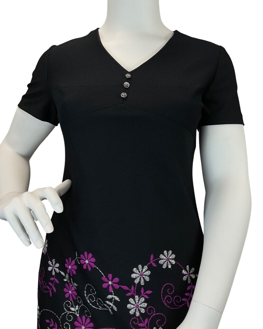 VINTAGE 60s 70s BLACK SILVER PURPLE SWIRLING FLOWER EMBROIDERED MOD DRESS 16