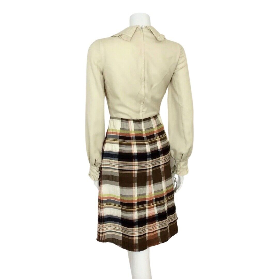 VINTAGE 60S CREAM BROWN PLAID TARTAN MOD MAD MEN SECRETARY SHIRT DRESS 8 10