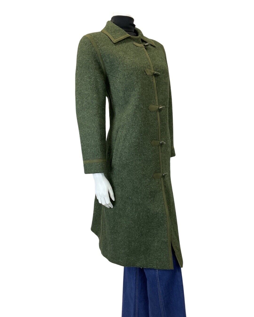 VINTAGE 60s 70s FOREST GREEN TOGGLE STRAIGHT-CUT LONG WOOL COAT 14